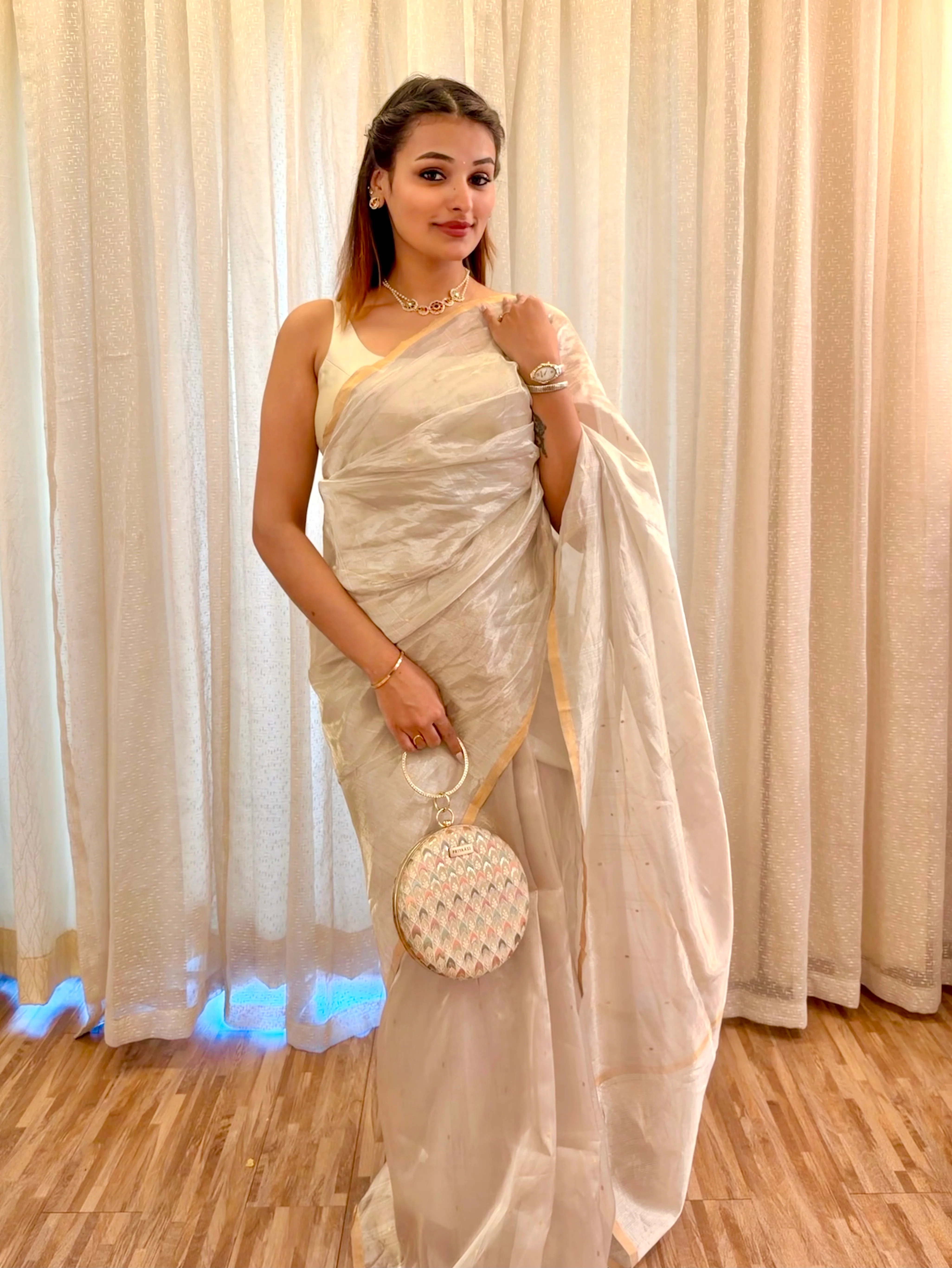 Chantilly cream Chanderi tissue silk saree with zari bootis all over - Image 11