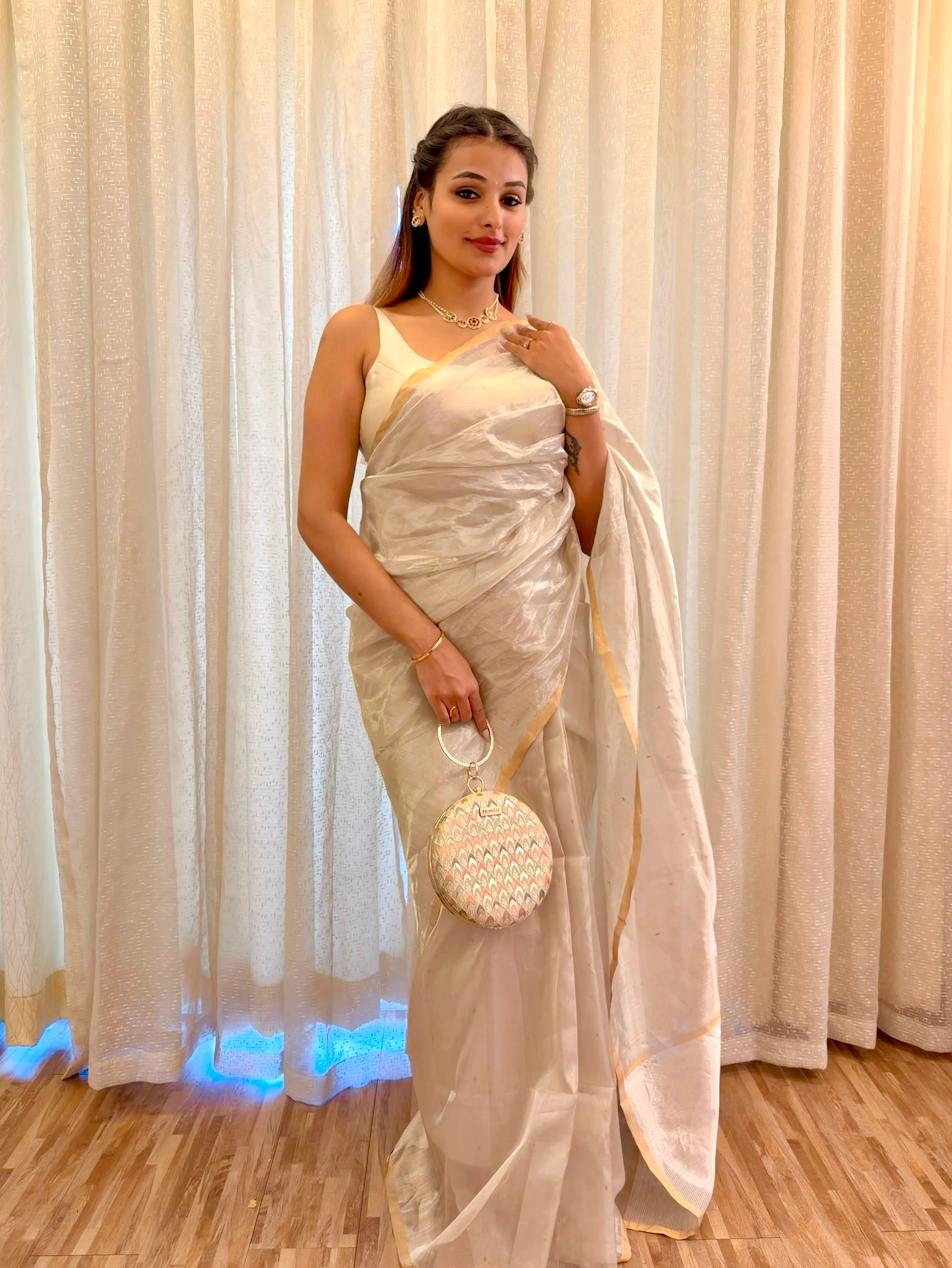 Chantilly cream Chanderi tissue silk saree with zari bootis all over - Image 12