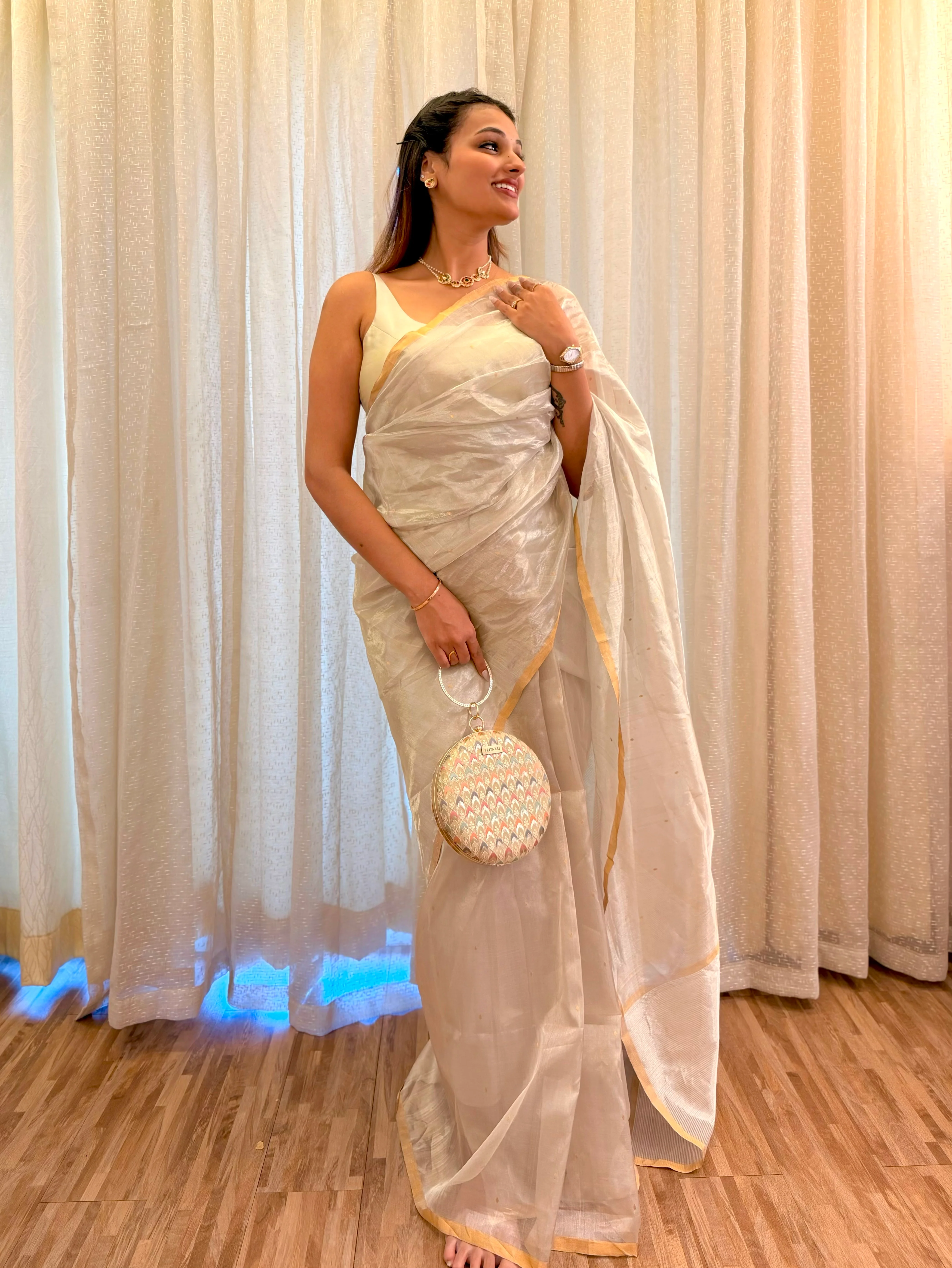 Chantilly cream Chanderi tissue silk saree with zari bootis all over - Image 14