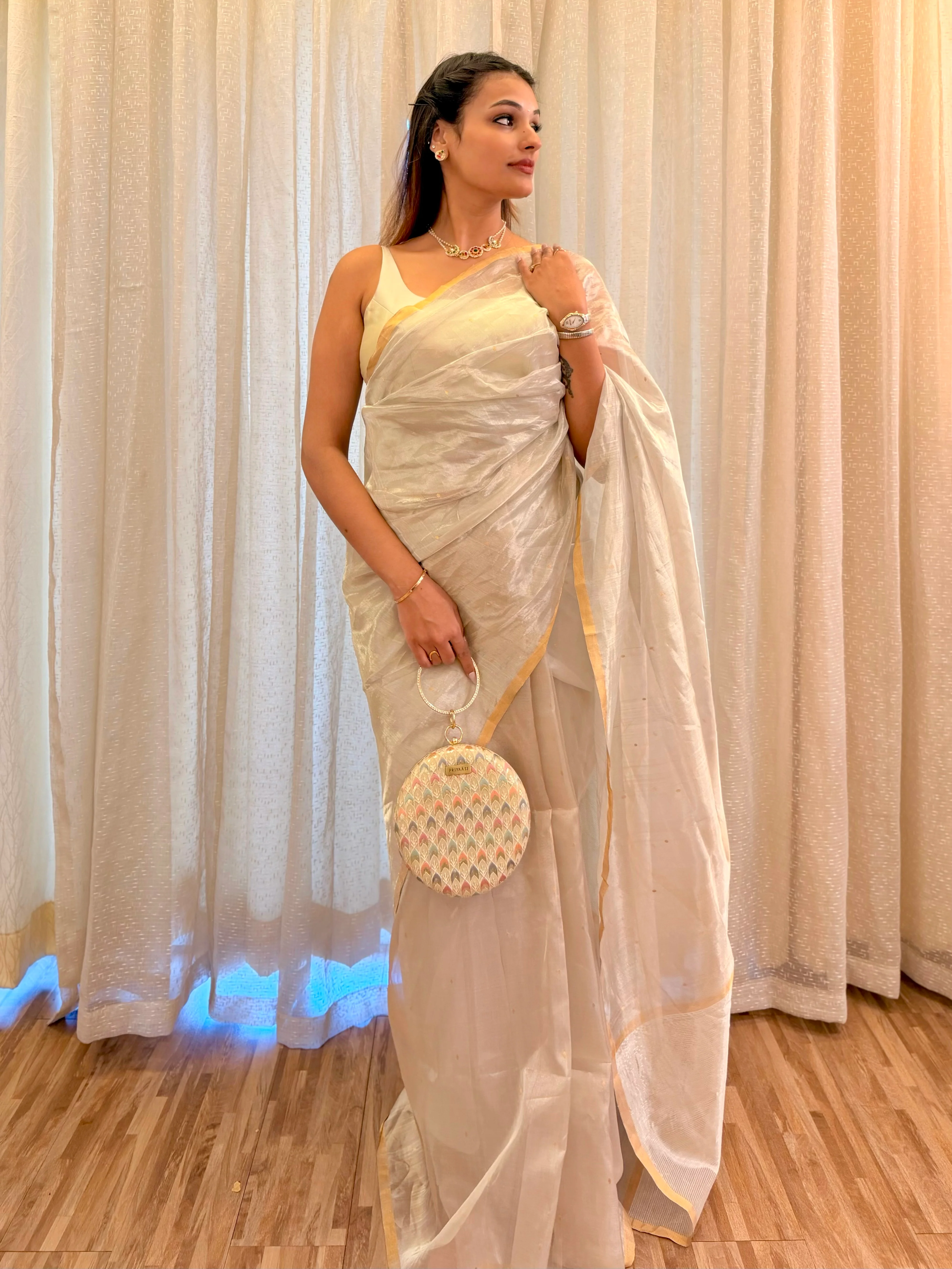 Chantilly cream Chanderi tissue silk saree with zari bootis all over - Image 6
