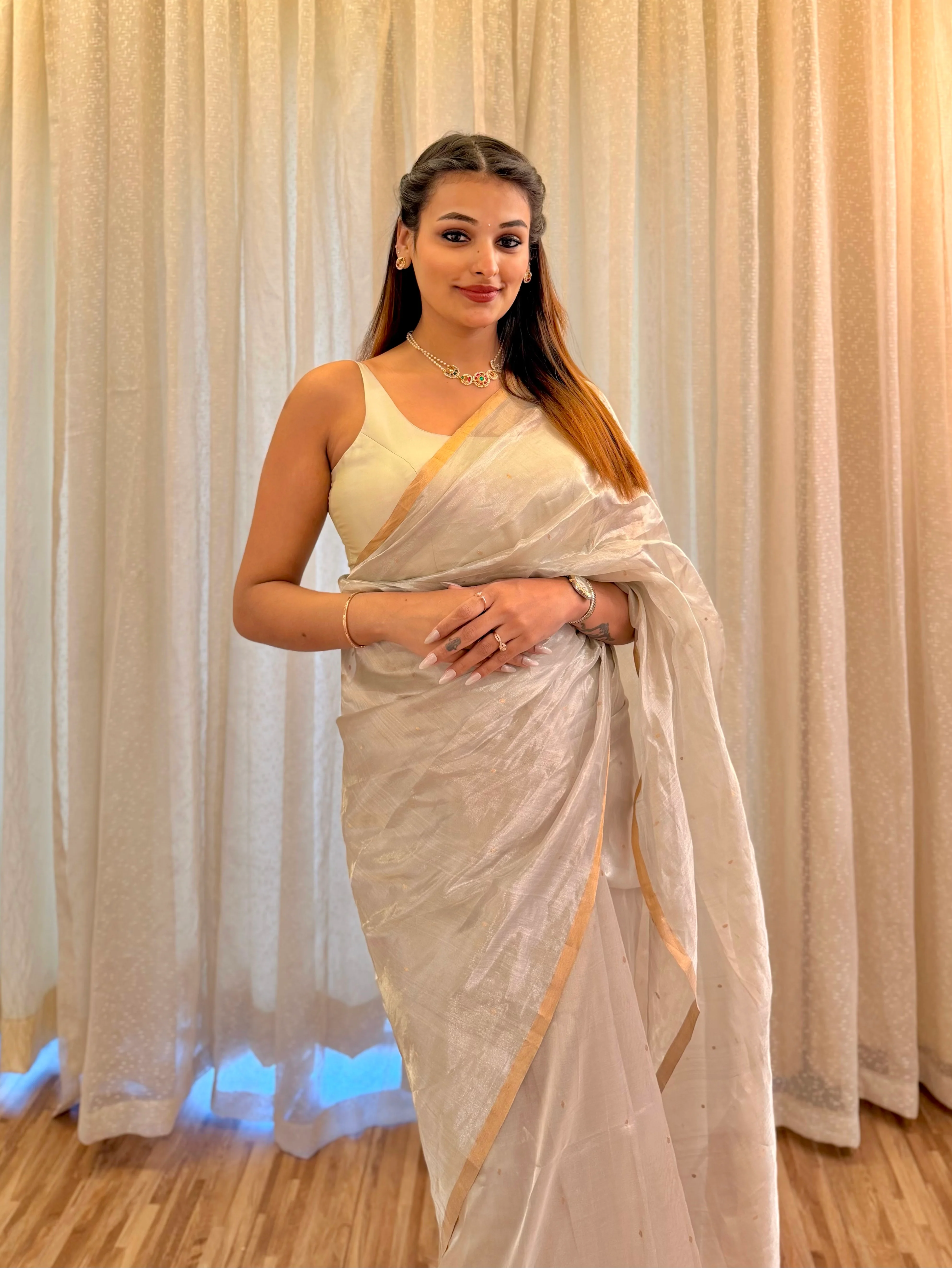 Chantilly cream Chanderi tissue silk saree with zari bootis all over - Image 8