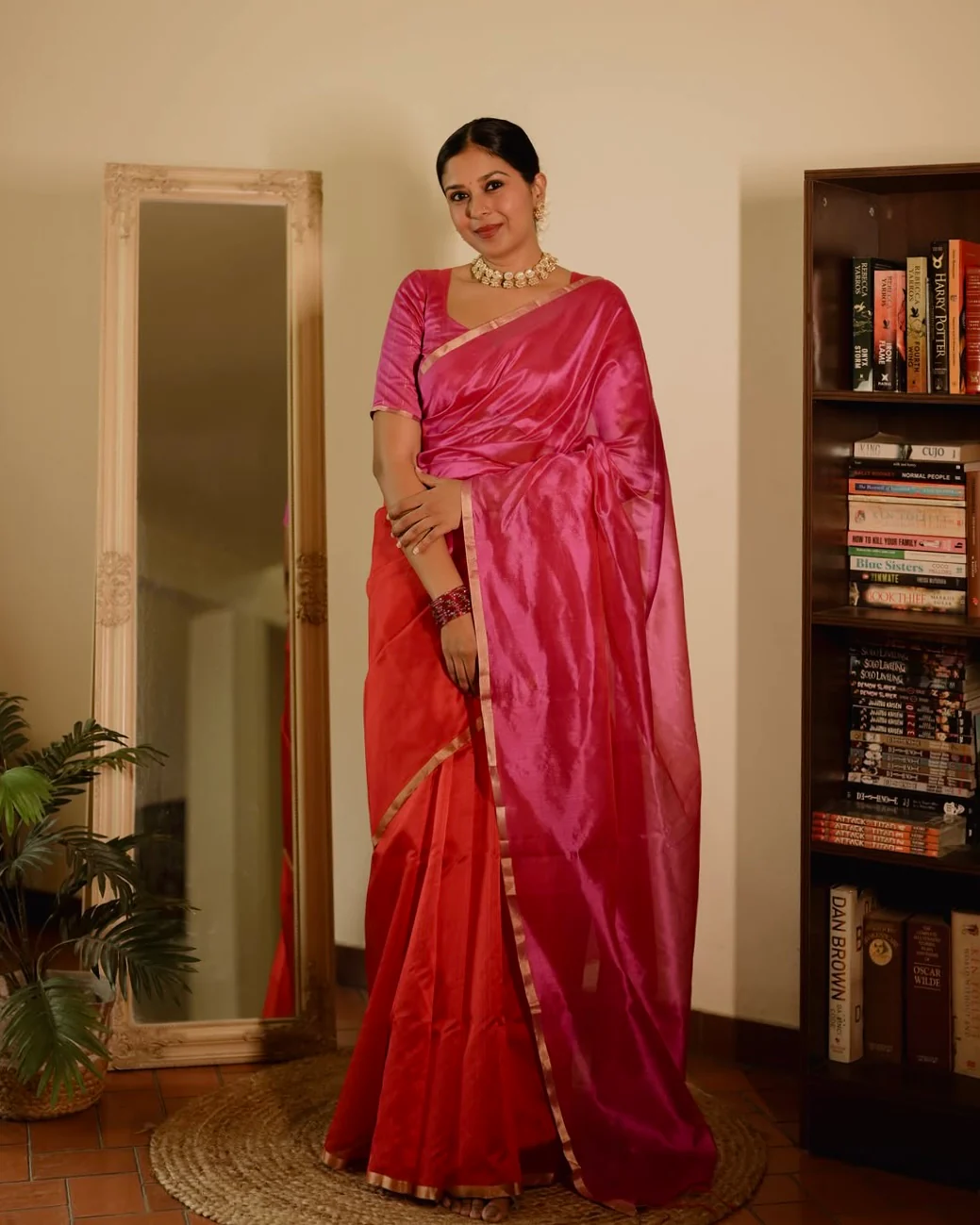 Chili Red and pink Chanderi silk saree with tassels on pallu