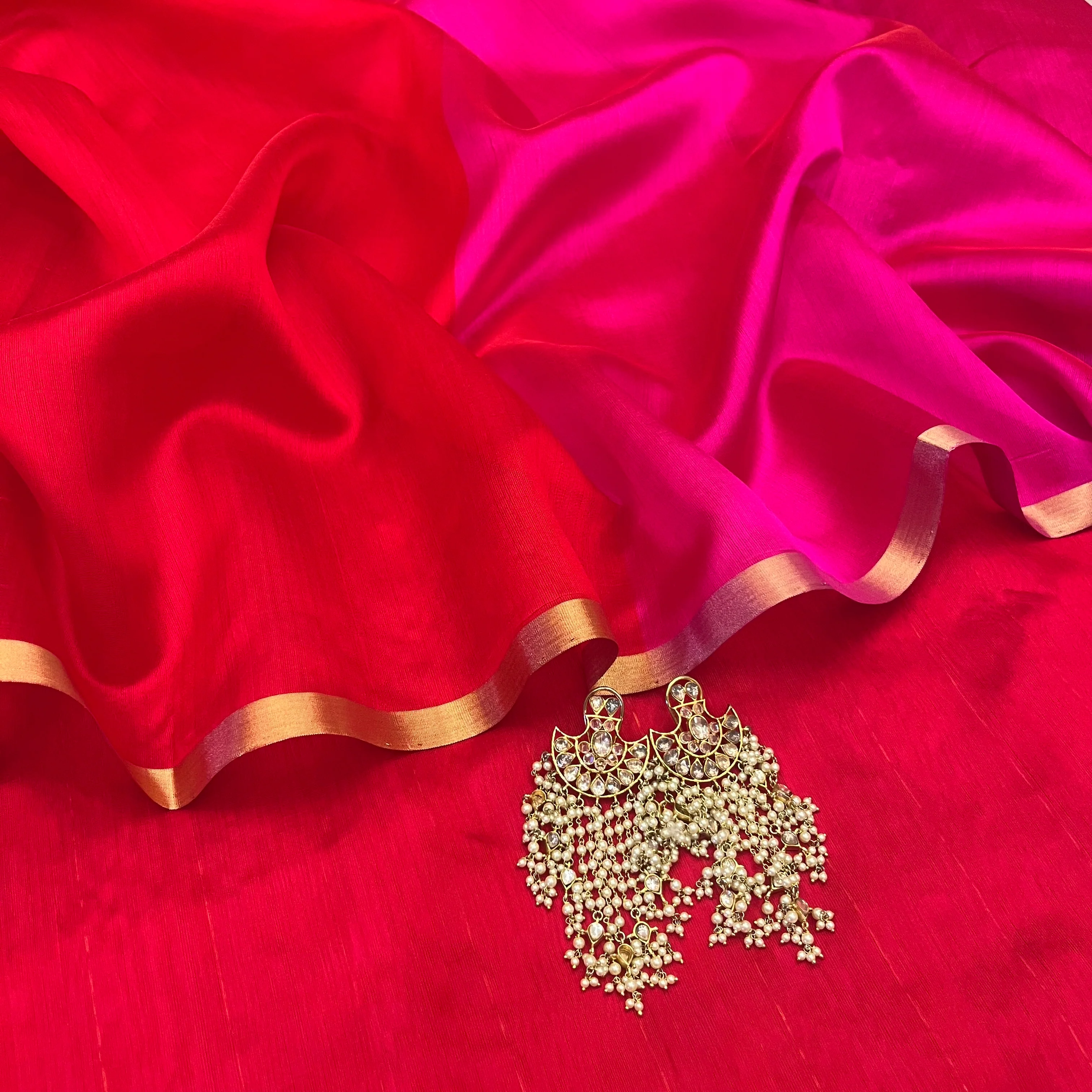 Chili Red and pink Chanderi silk saree with tassels on pallu - Image 13