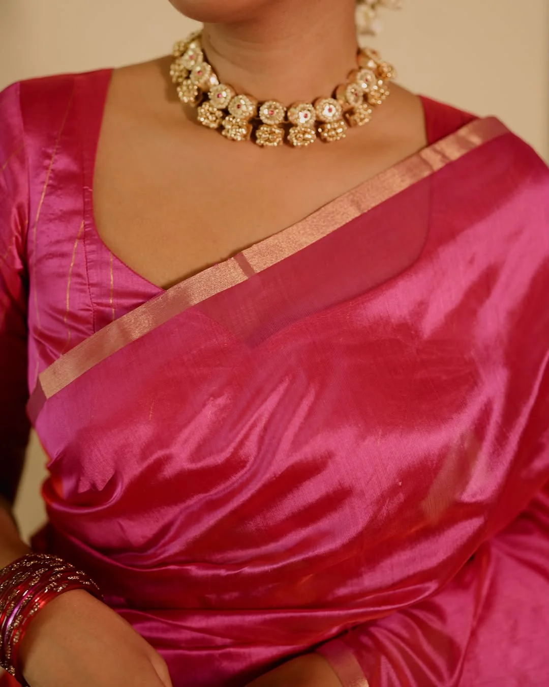 Chili Red and pink Chanderi silk saree with tassels on pallu - Image 17