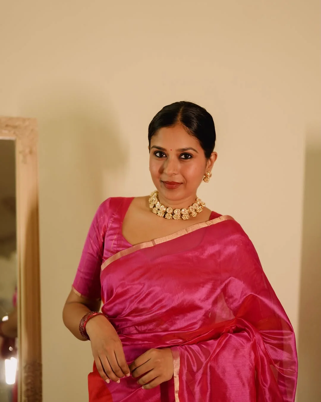 Chili Red and pink Chanderi silk saree with tassels on pallu - Image 6