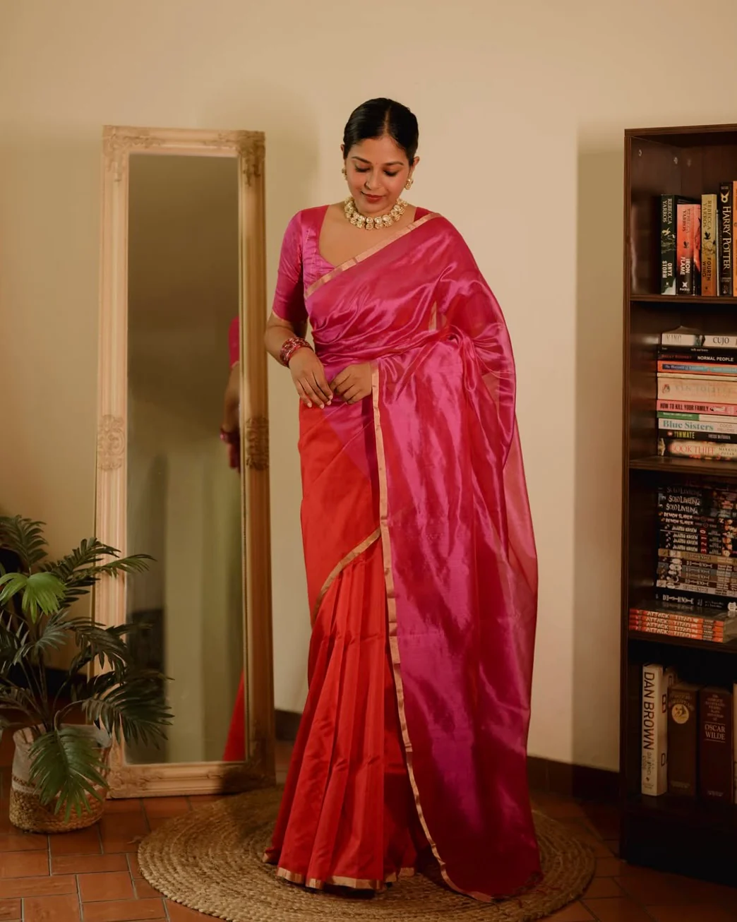 Chili Red and pink Chanderi silk saree with tassels on pallu - Image 8