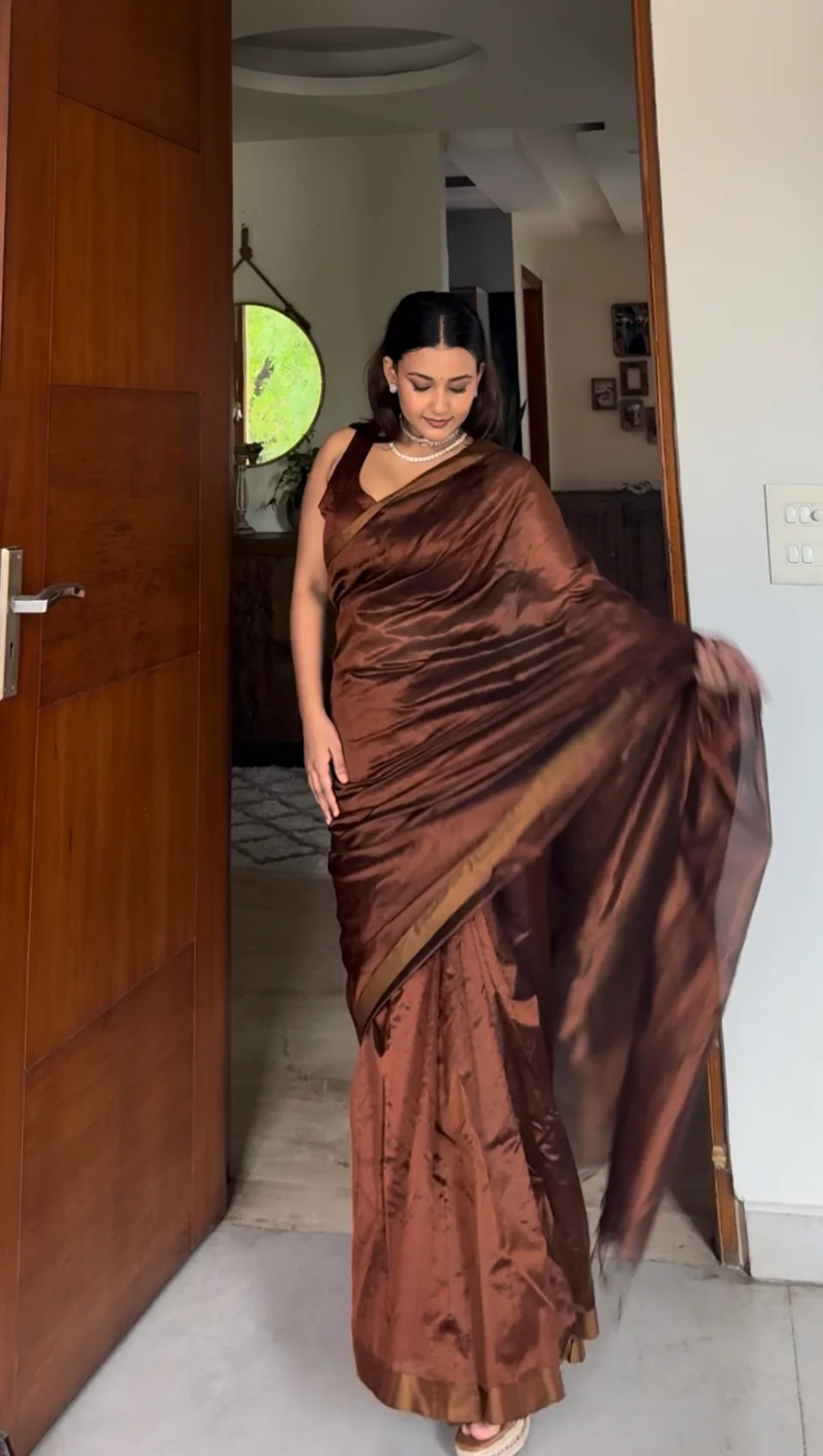 Cinnamon brown chanderi silk saree with silk border - Image 11
