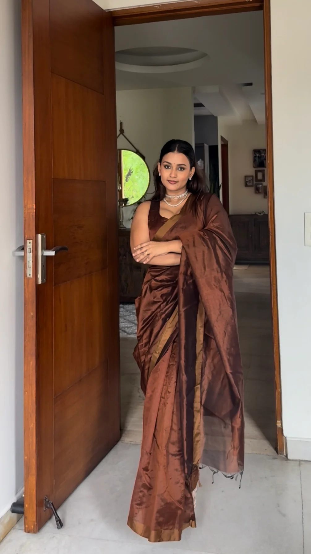 Cinnamon brown chanderi silk saree with silk border - Image 5