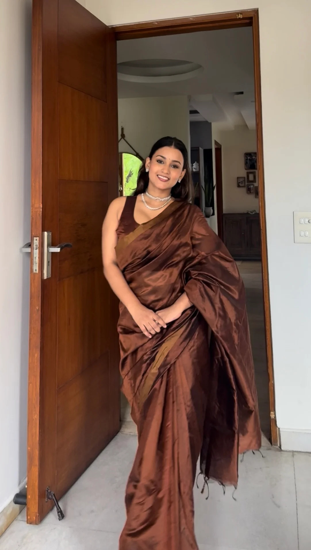Cinnamon brown chanderi silk saree with silk border - Image 7