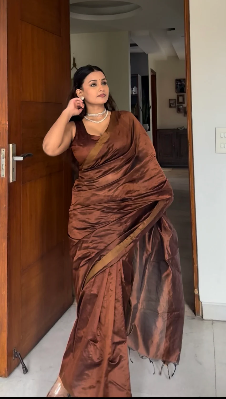 Cinnamon brown chanderi silk saree with silk border - Image 8