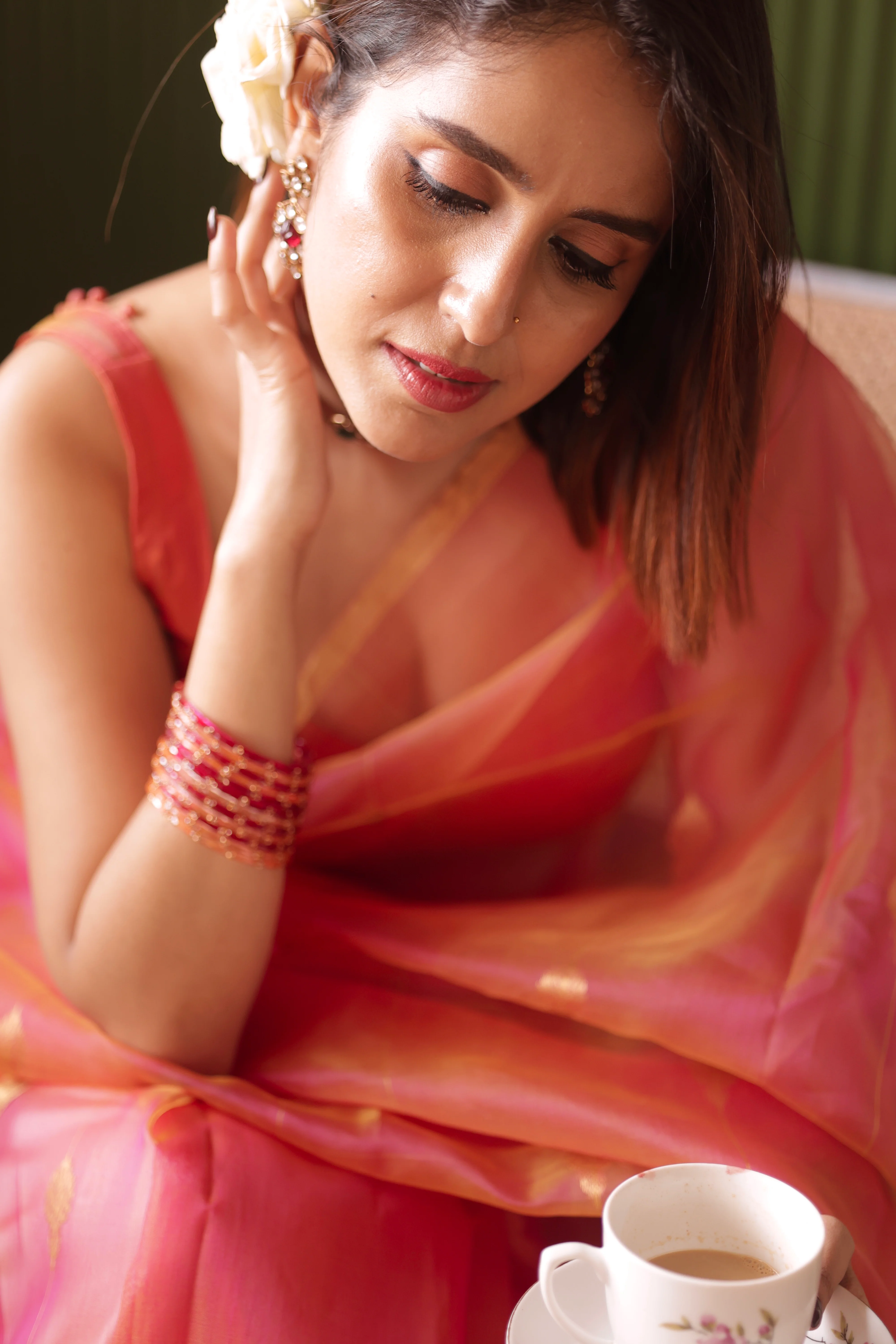 Coral pink dual tone Chanderi organza silk saree with jhumka motifs all over - Image 11