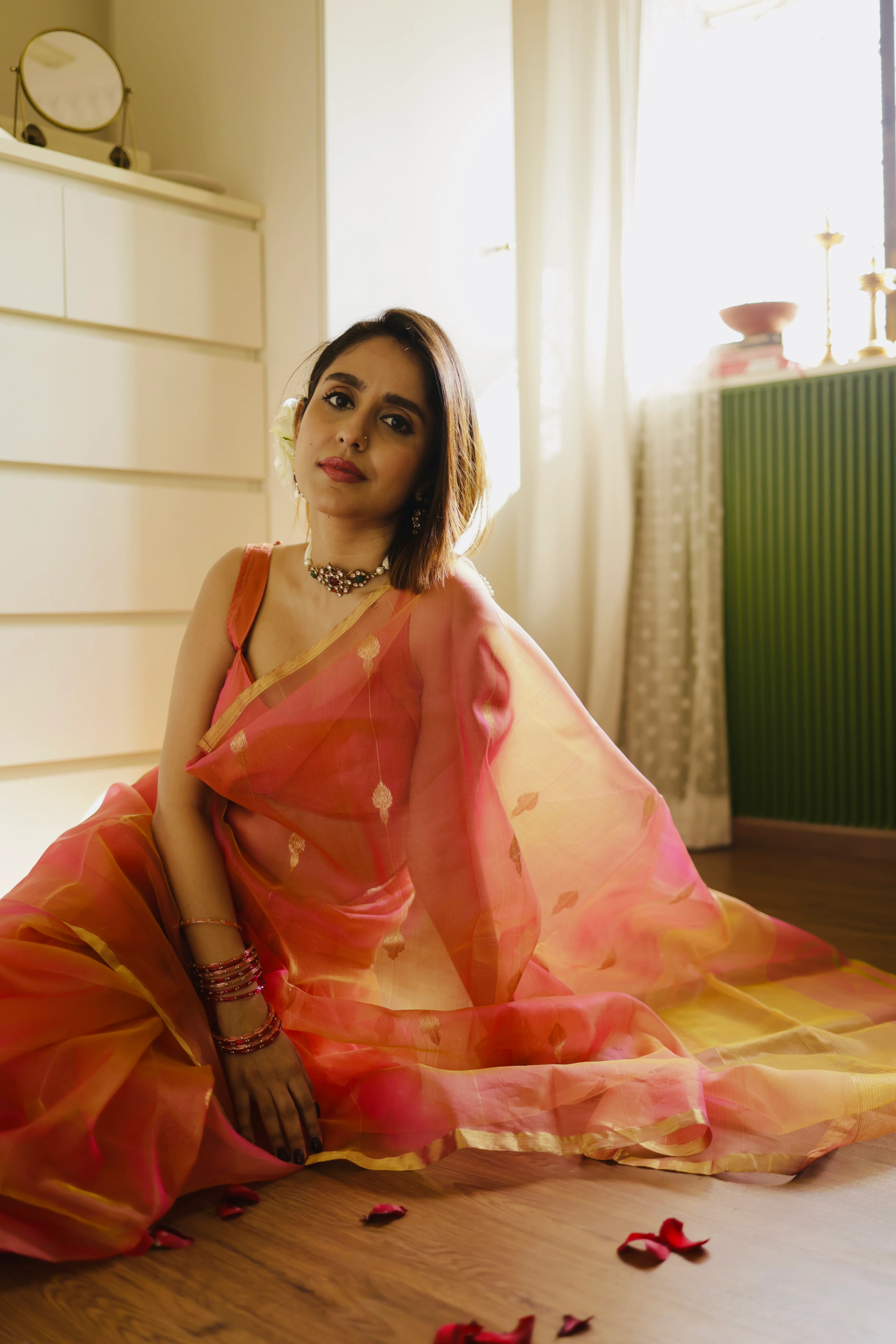 Coral pink dual tone Chanderi organza silk saree with jhumka motifs all over - Image 17