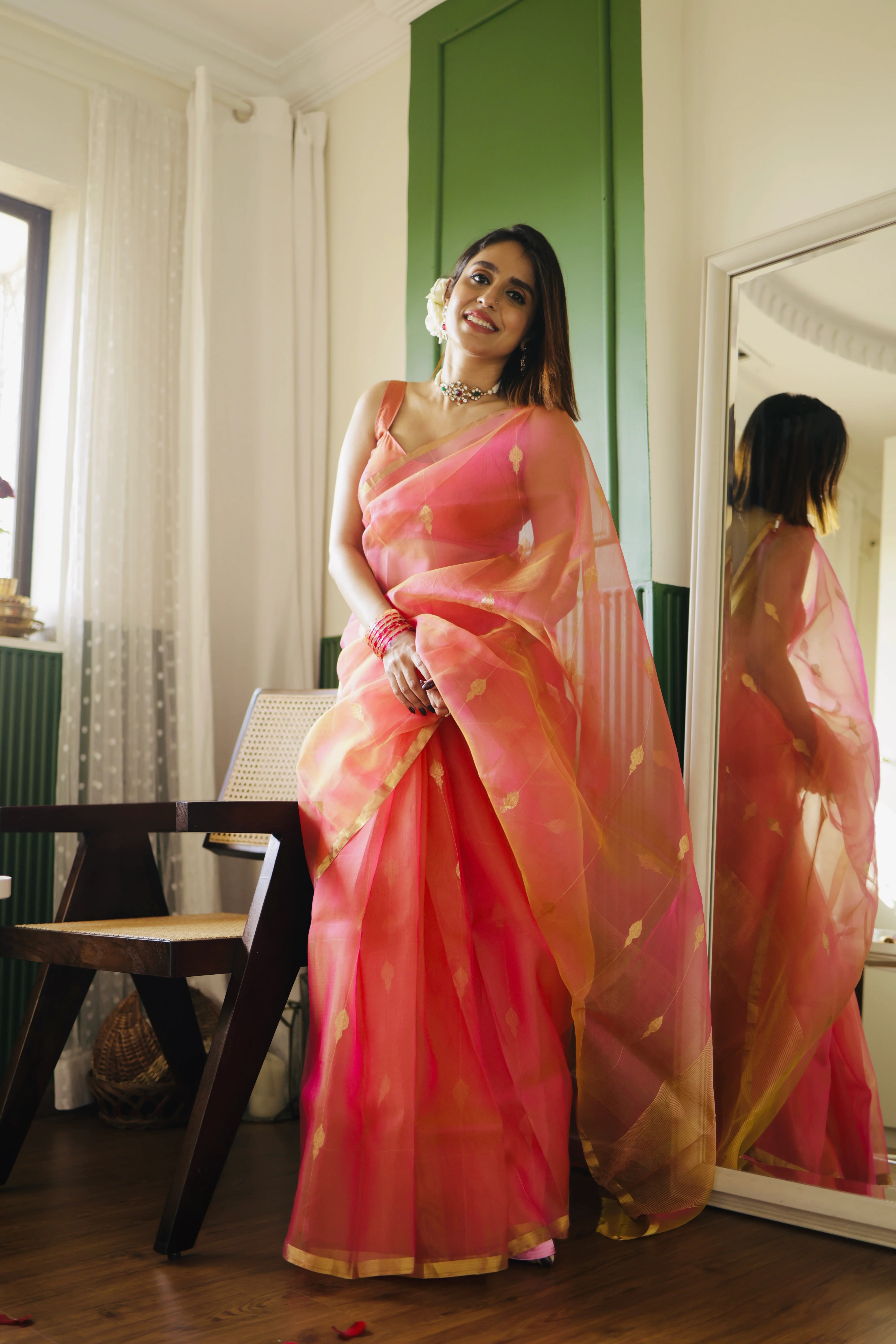 Coral pink dual tone Chanderi organza silk saree with jhumka motifs all over - Image 6