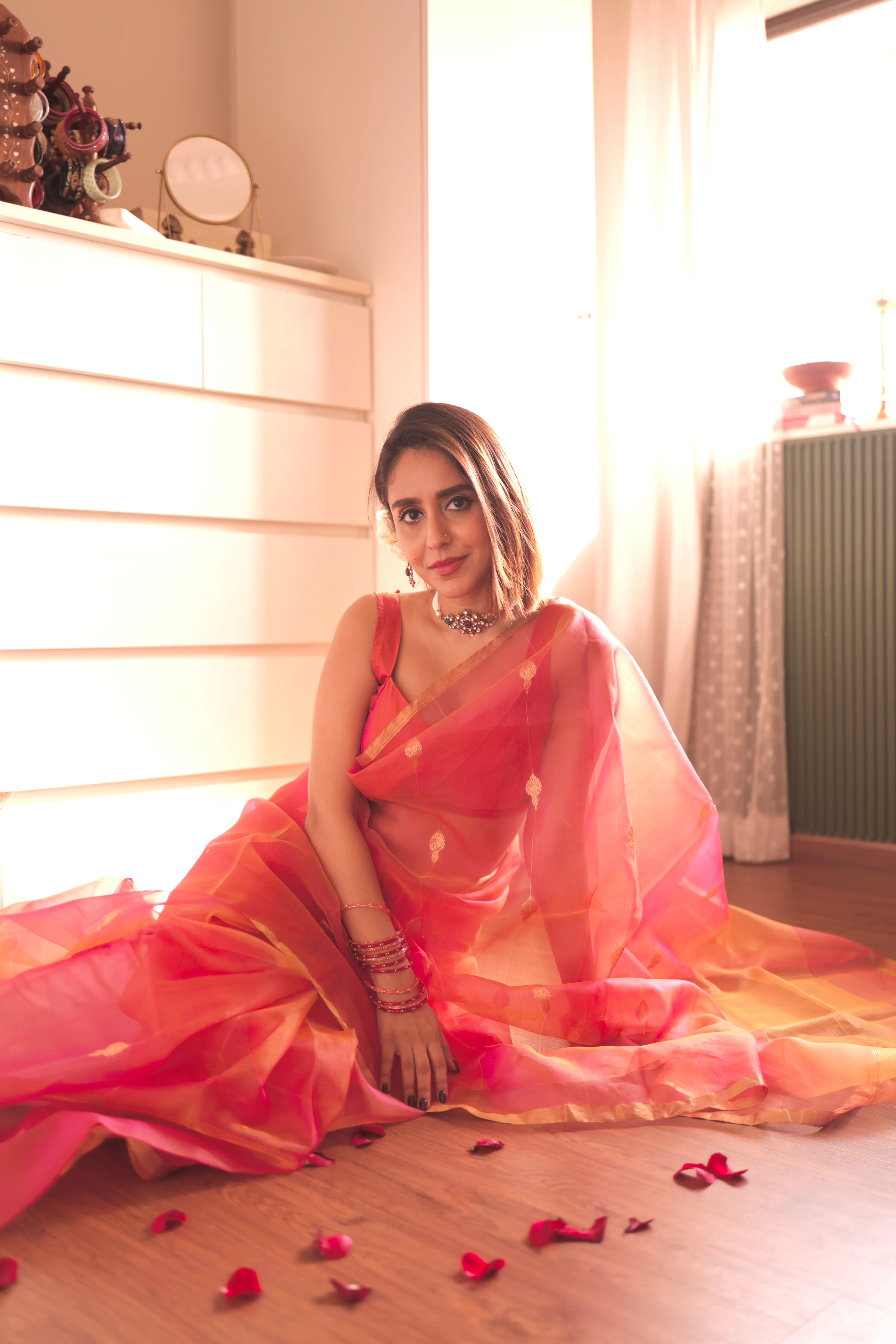 Coral pink dual tone Chanderi organza silk saree with jhumka motifs all over - Image 8
