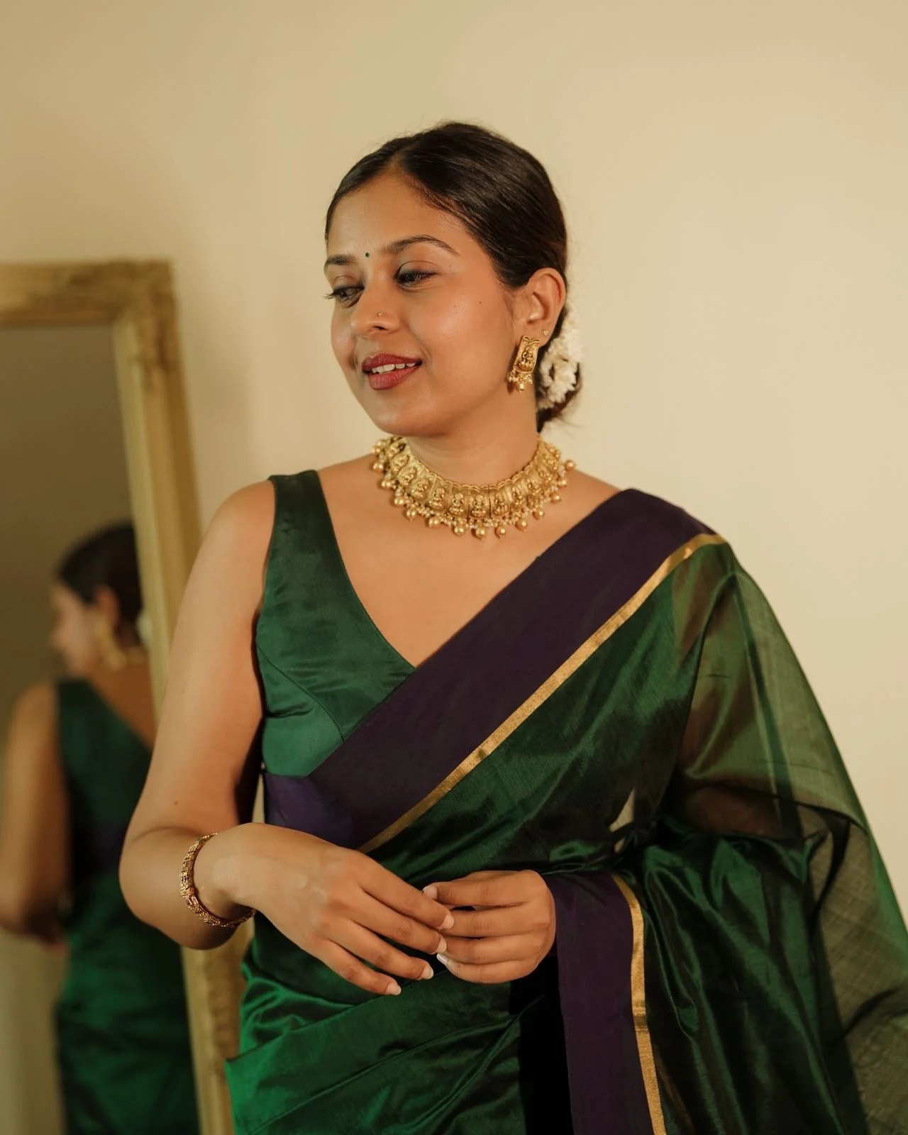 Dark green and blue Chanderi silk saree with silk border - Image 10