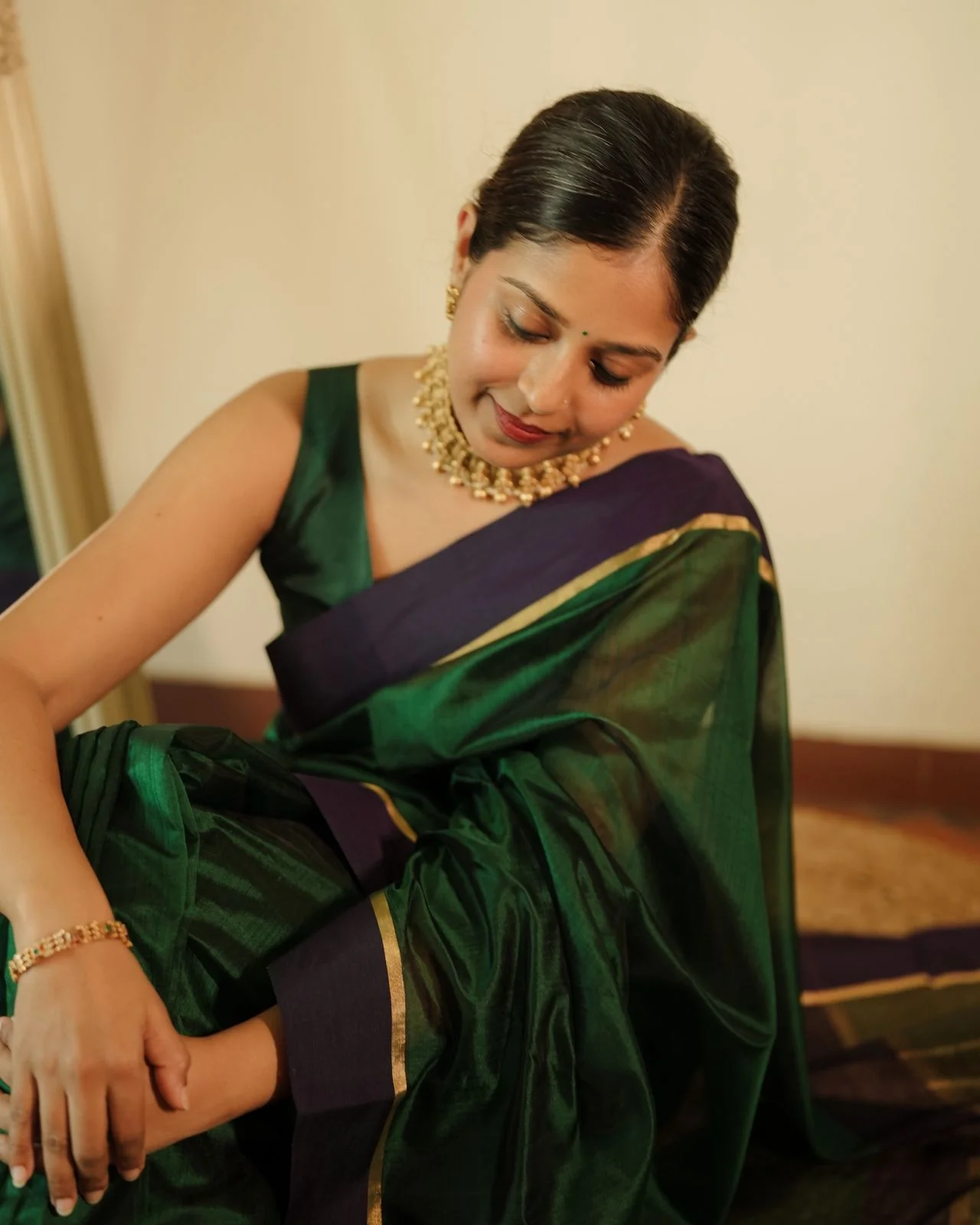 Dark green and blue Chanderi silk saree with silk border - Image 11