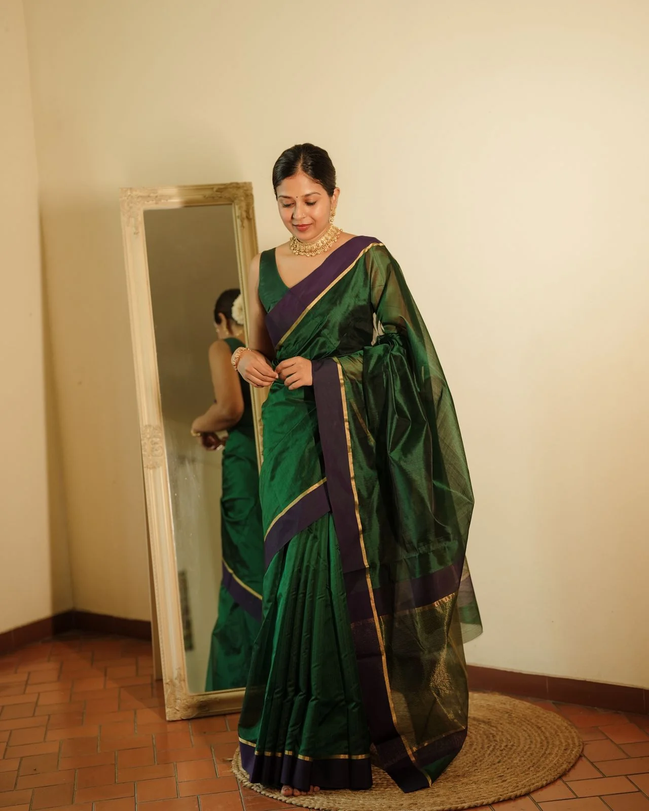 Dark green and blue Chanderi silk saree with silk border - Image 12