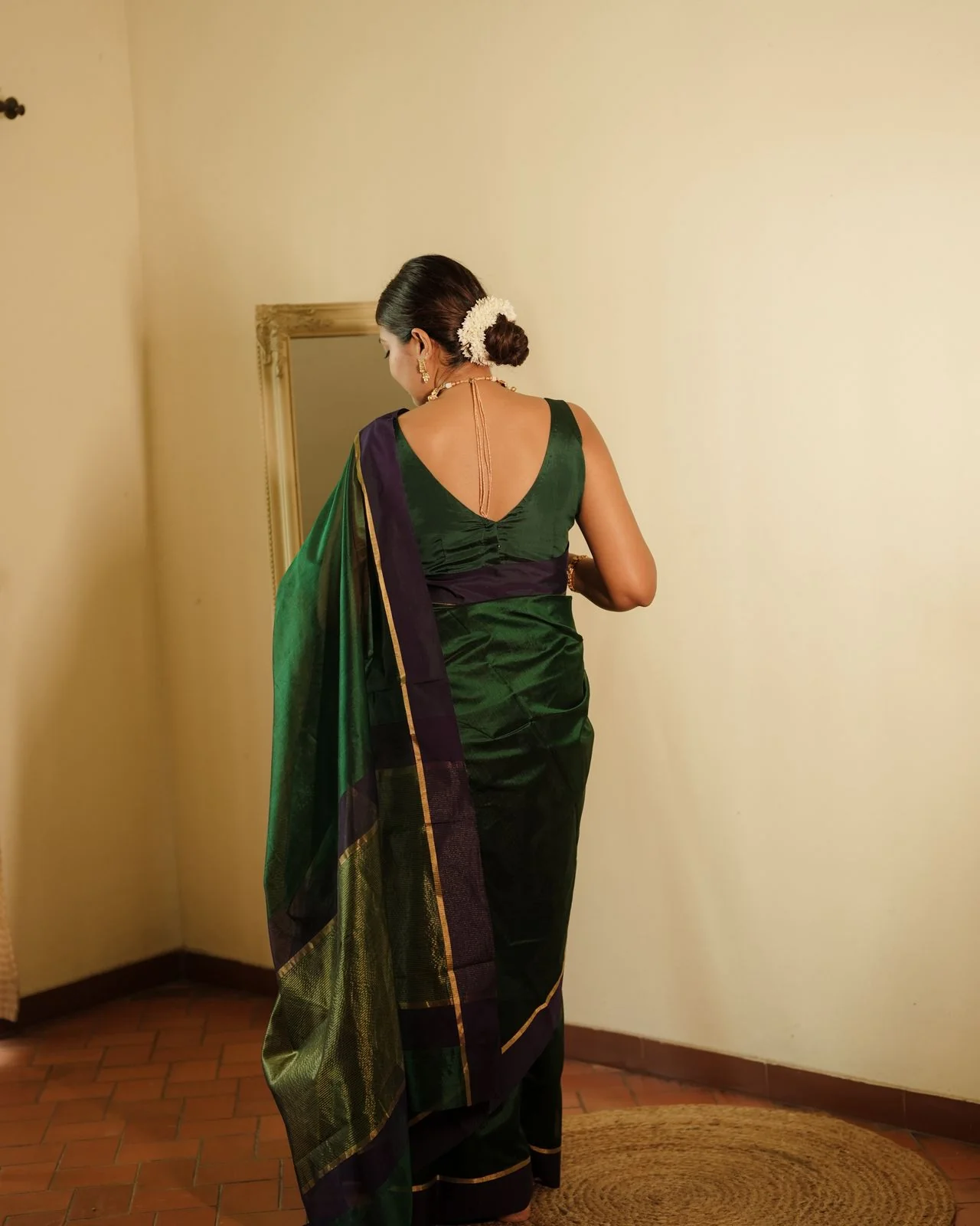 Dark green and blue Chanderi silk saree with silk border - Image 13