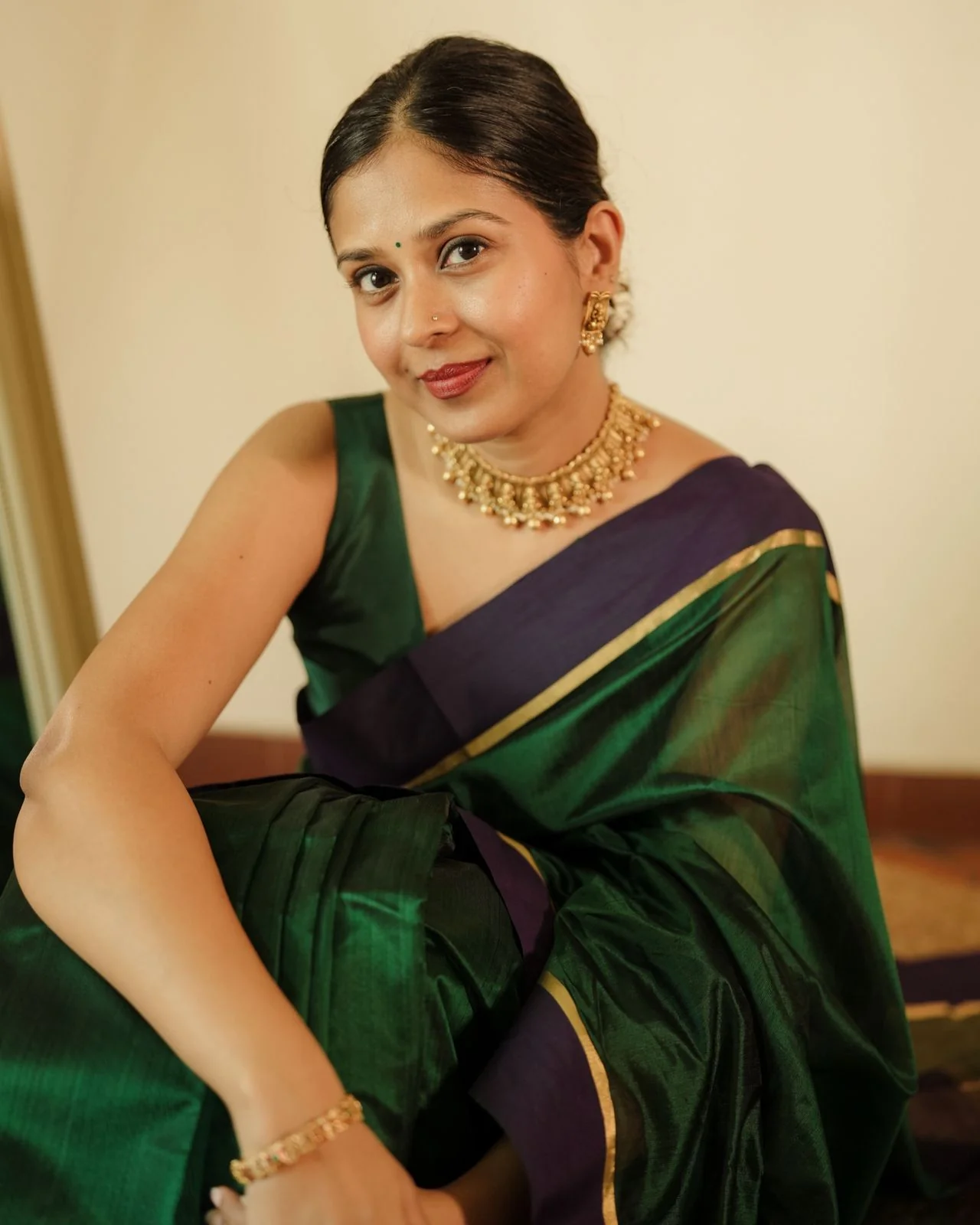 Dark green and blue Chanderi silk saree with silk border - Image 3