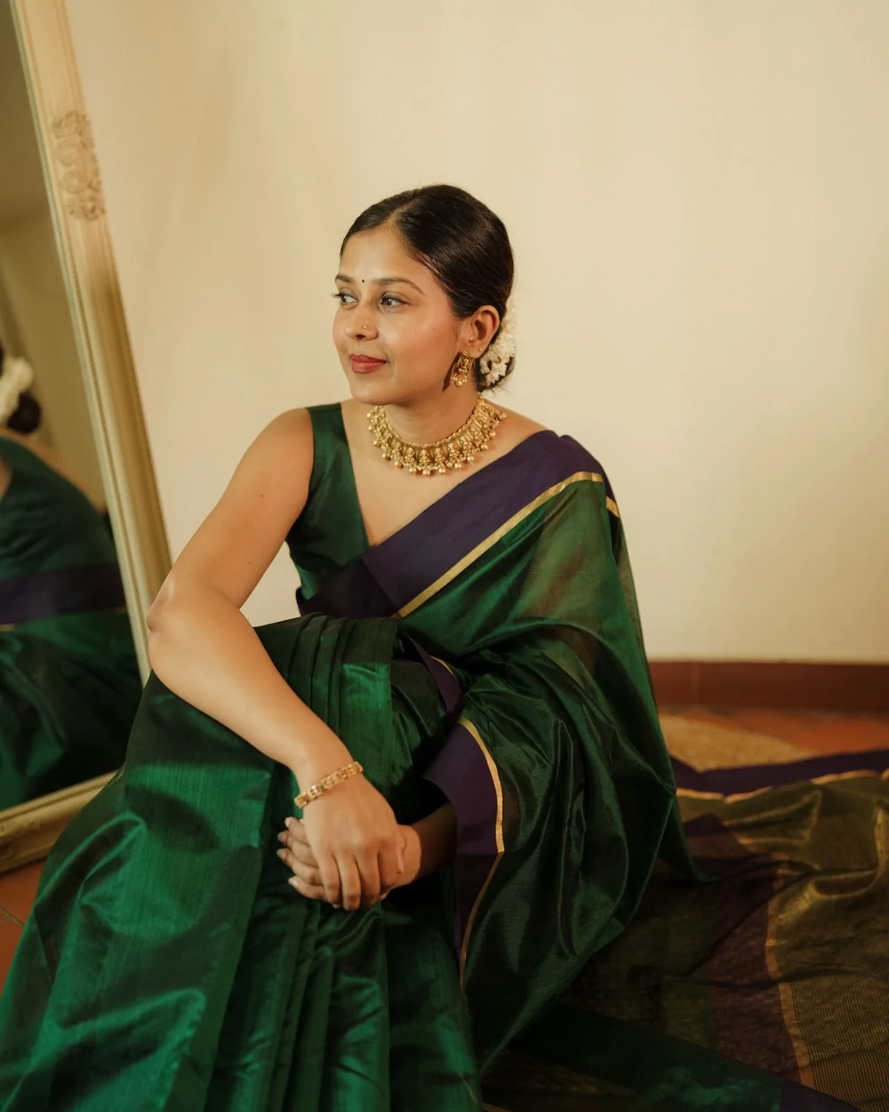 Dark green and blue Chanderi silk saree with silk border - Image 5