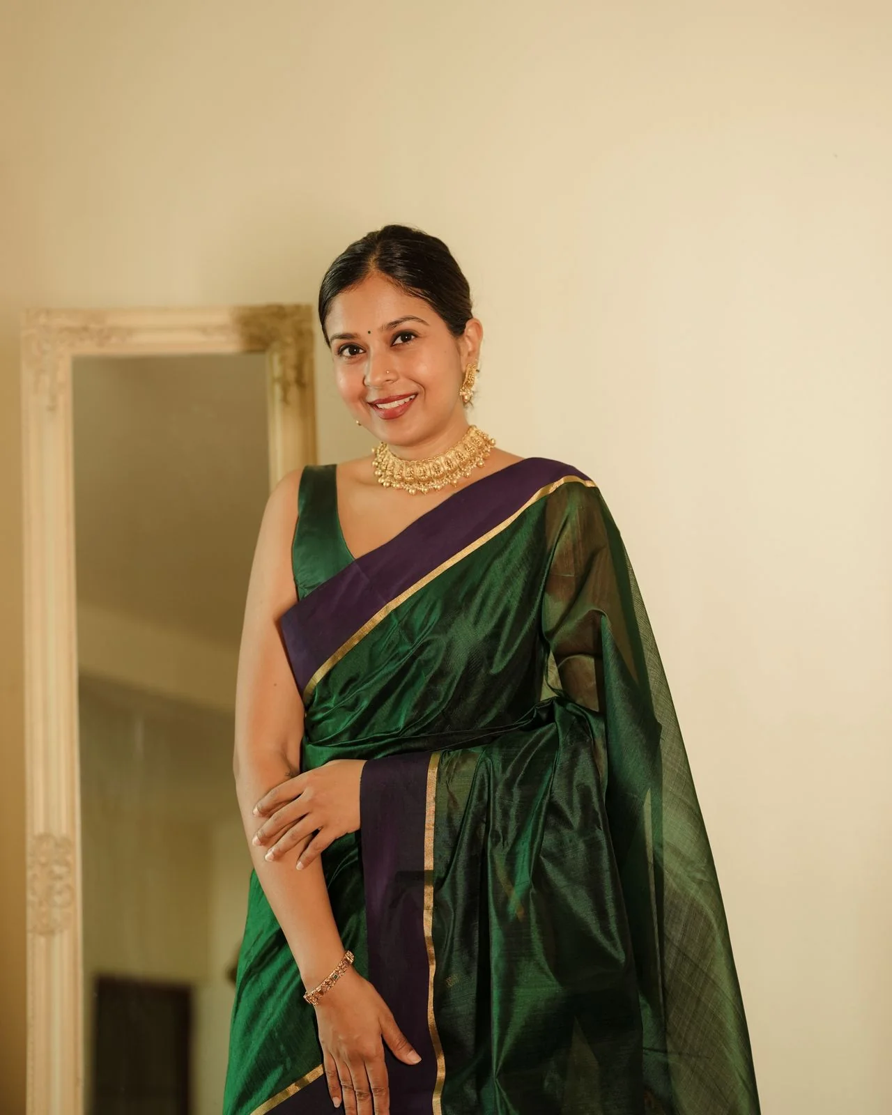 Dark green and blue Chanderi silk saree with silk border - Image 6