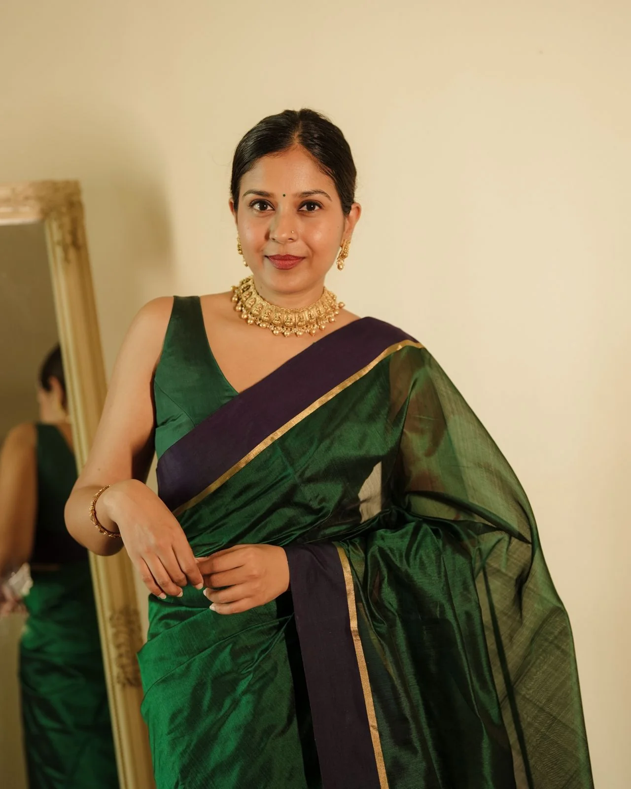 Dark green and blue Chanderi silk saree with silk border - Image 7