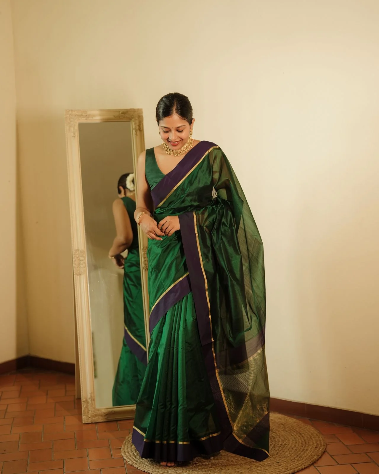 Dark green and blue Chanderi silk saree with silk border - Image 8