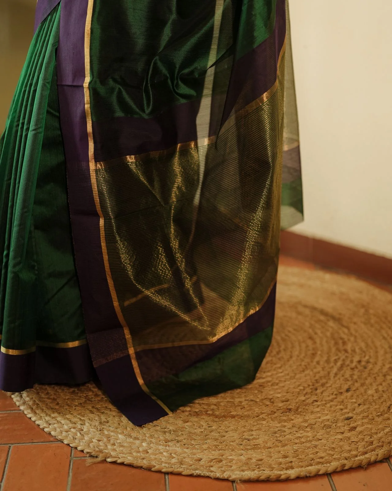 Dark green and blue Chanderi silk saree with silk border - Image 9