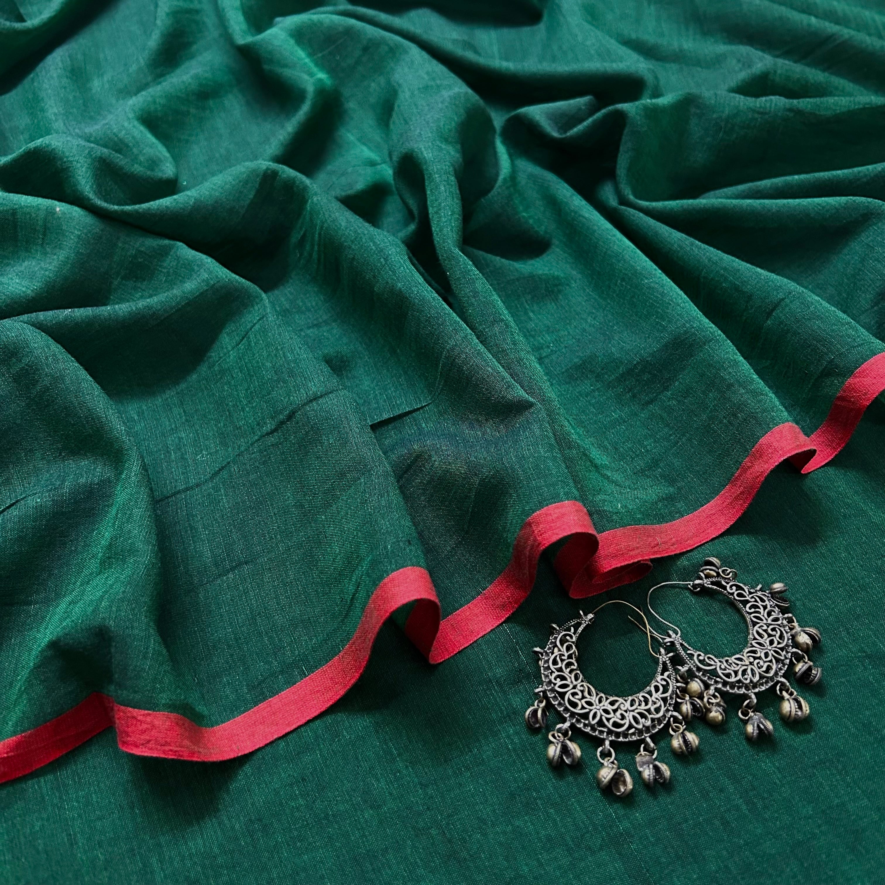 Dark green and red mulmul saree - Image 11
