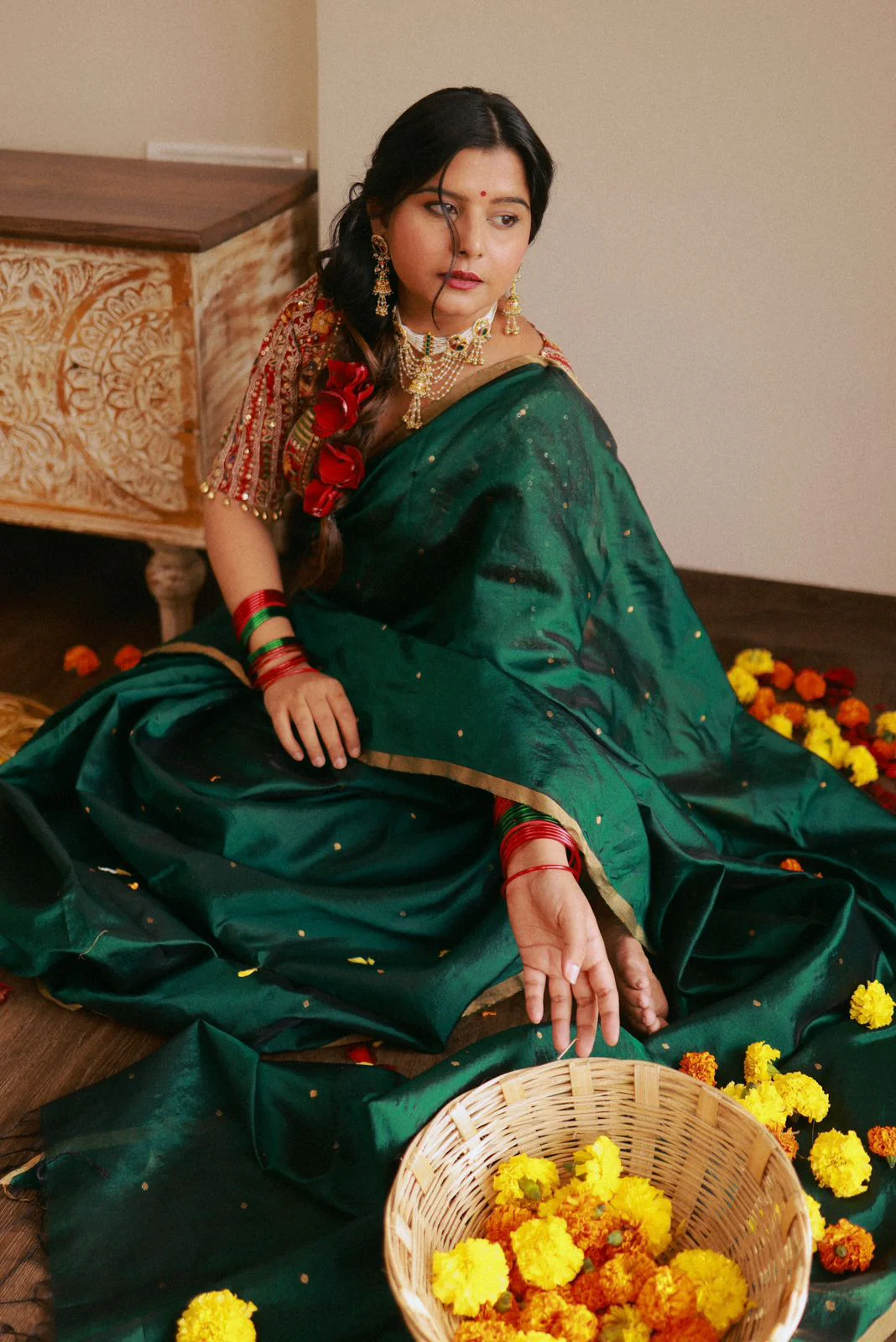 Dark Green Chanderi Silk Saree with Zari Bootis all over - Image 6