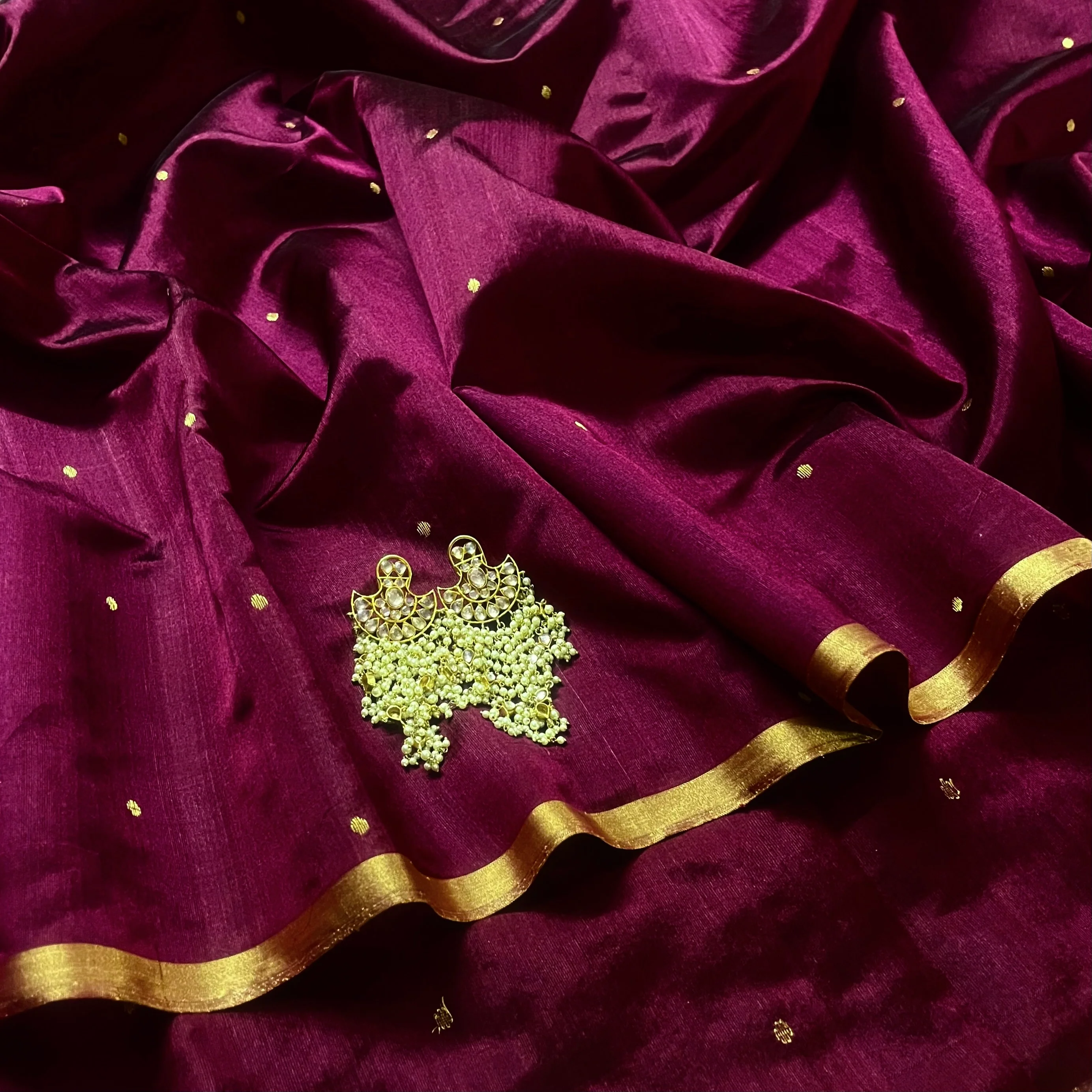 Dark Plum Chanderi Silk Saree with Zari Bootis all over - Image 2