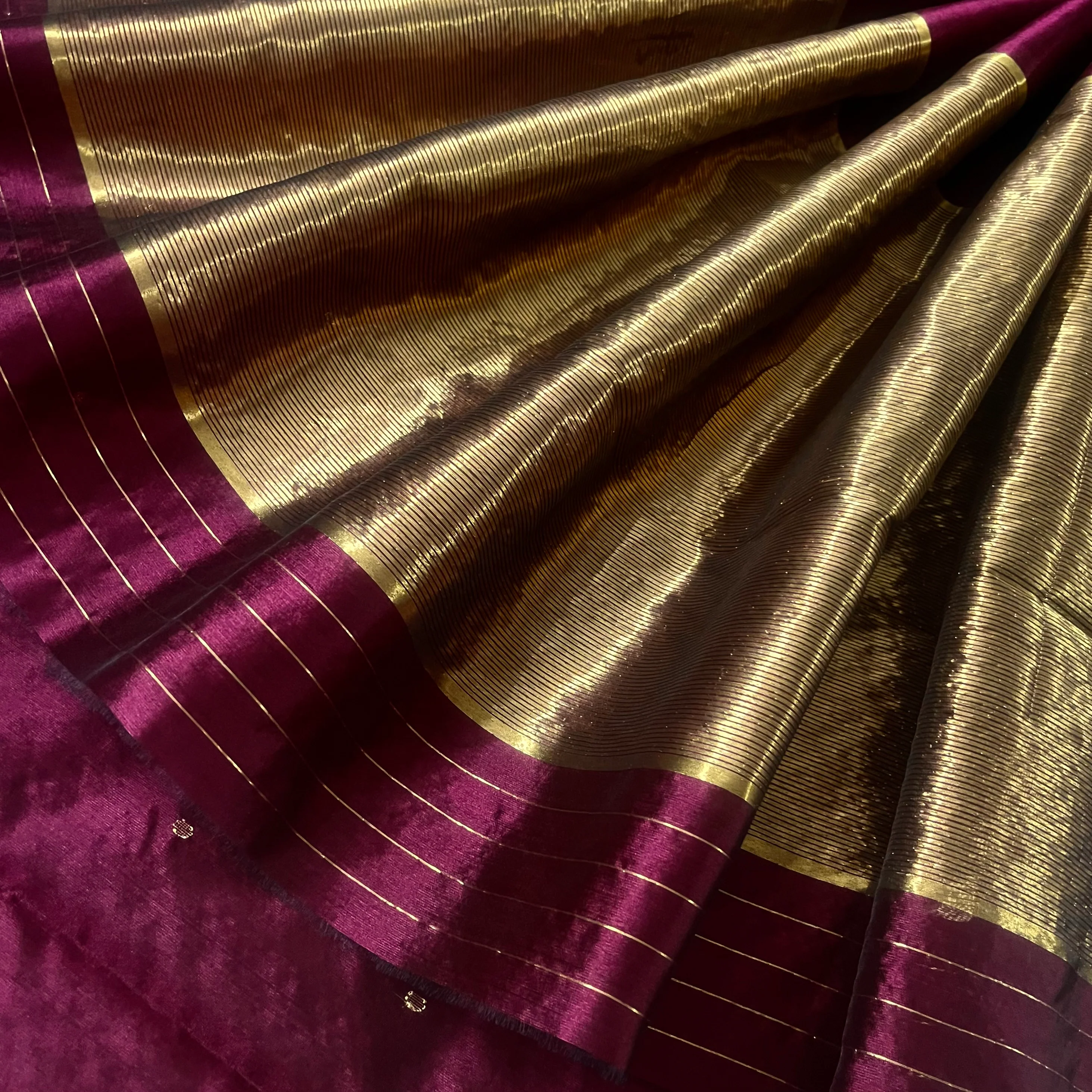 Dark Plum Chanderi Silk Saree with Zari Bootis all over - Image 3