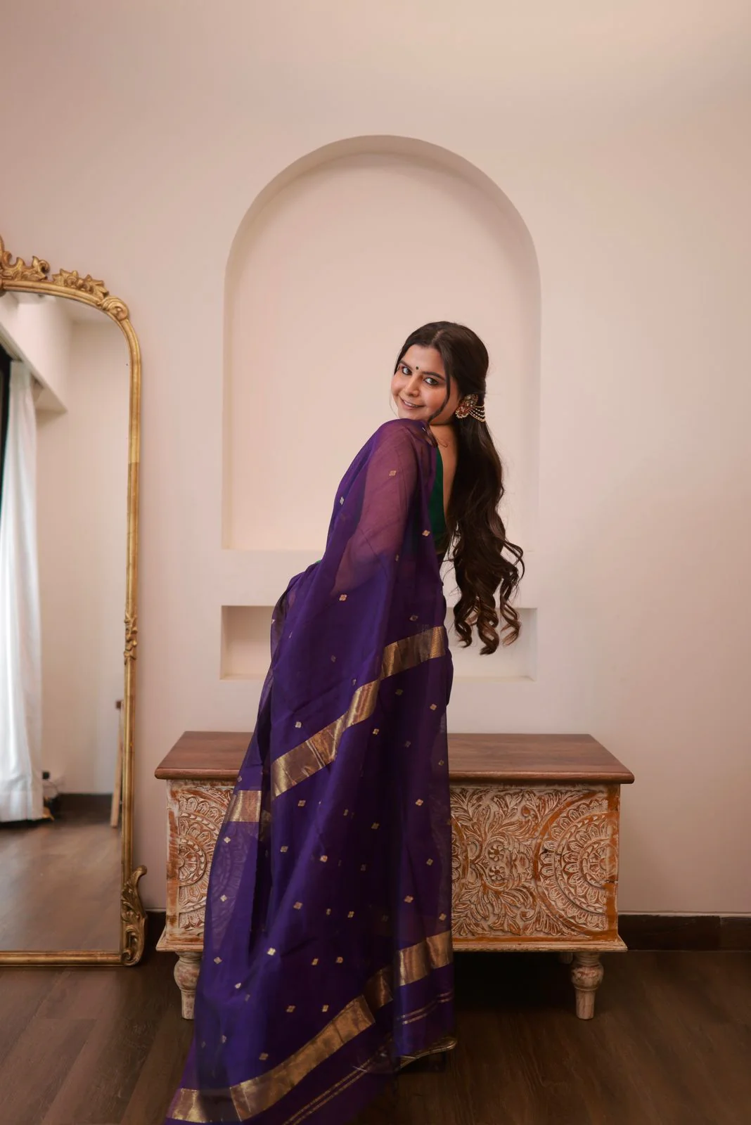 Dark Purple Maheshwari Saree with Zari bootis all over - Image 12