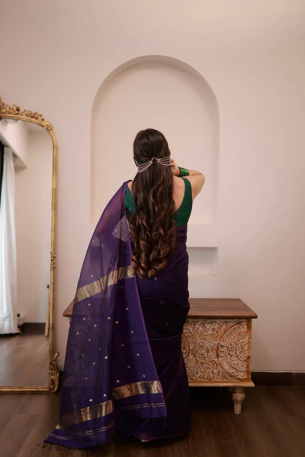 Dark Purple Maheshwari Saree with Zari bootis all over - Image 2