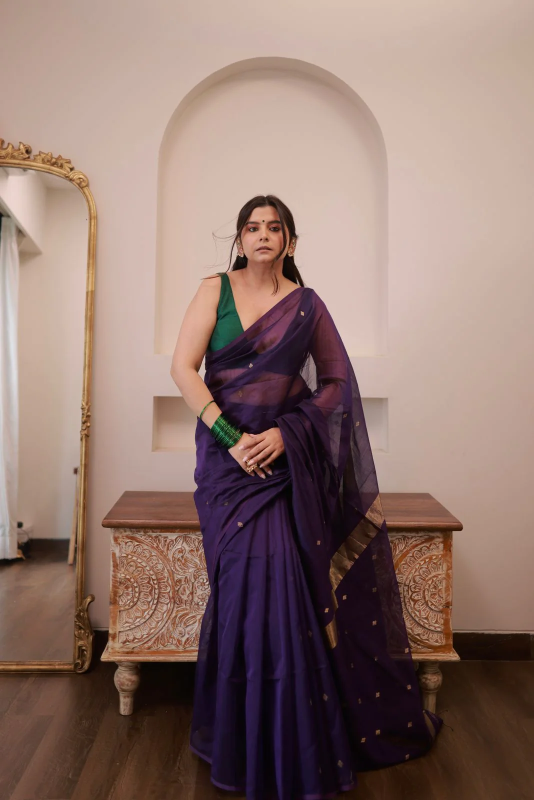 Dark Purple Maheshwari Saree with Zari bootis all over - Image 3