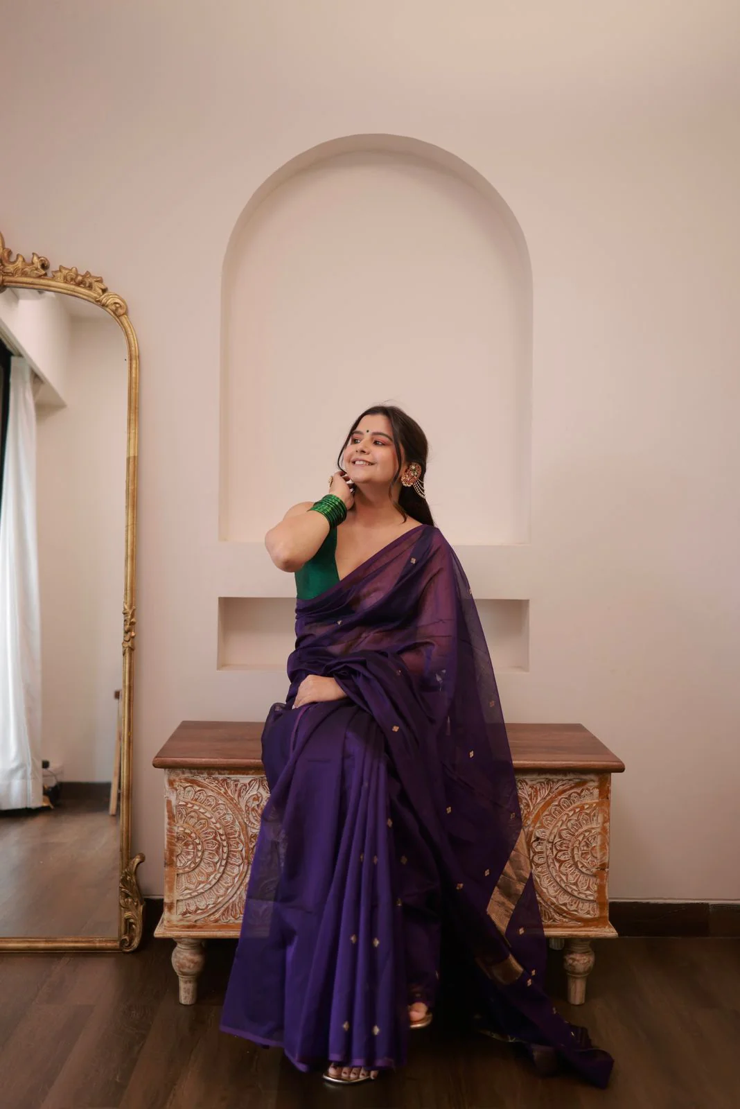 Dark Purple Maheshwari Saree with Zari bootis all over - Image 4