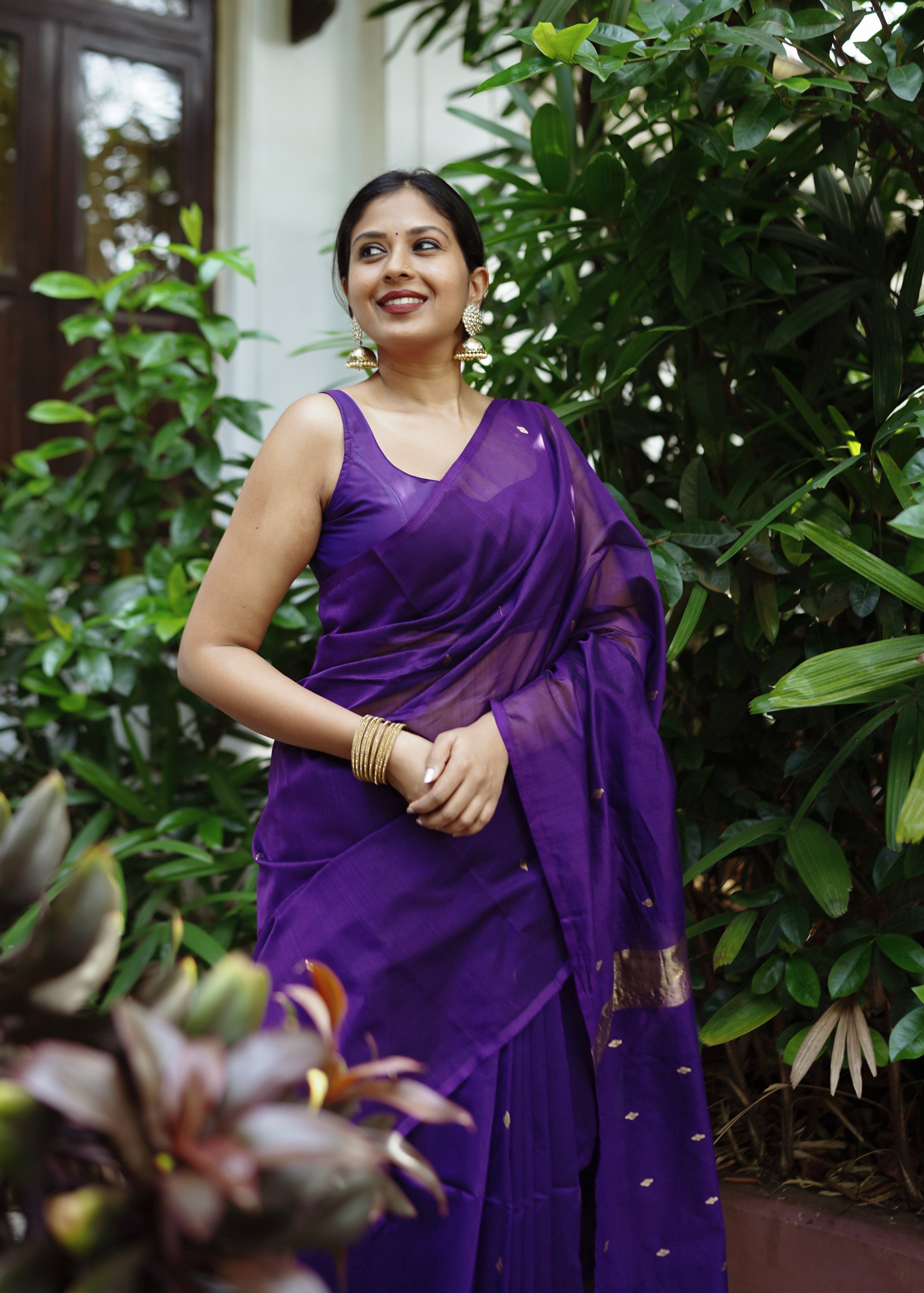 Dark Purple Maheshwari Saree with Zari bootis all over - Image 5