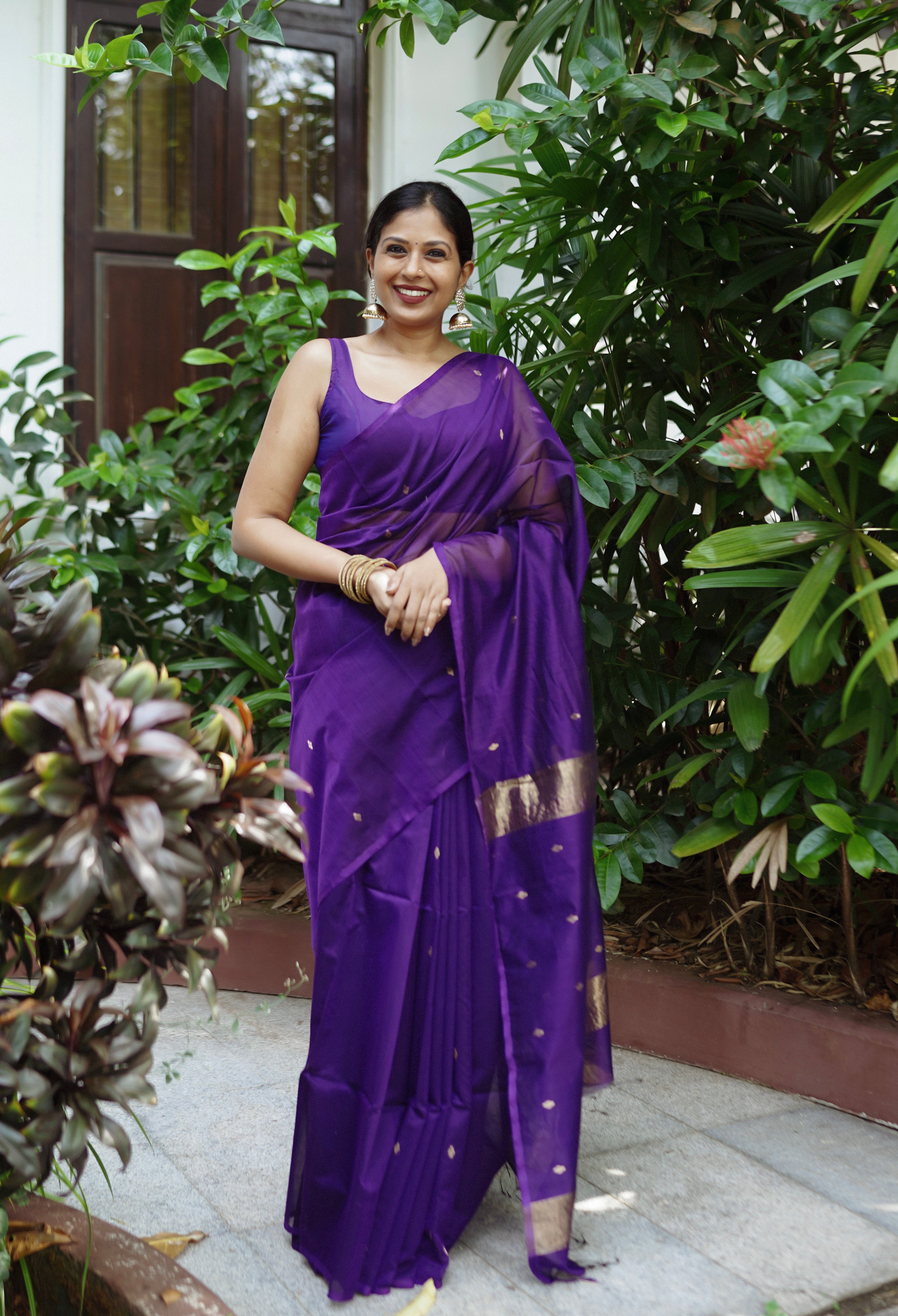 Dark Purple Maheshwari Saree with Zari bootis all over - Image 8