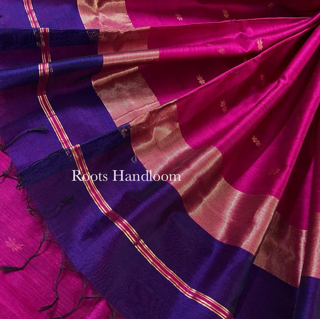 Dark Purple & Pink Maheshwari Saree with Flower Bootis all over - Image 3