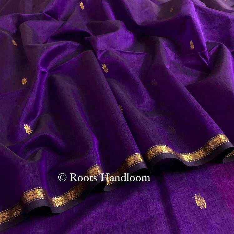 Dark Purple & Pink Maheshwari Saree with Flower Bootis all over - Image 4