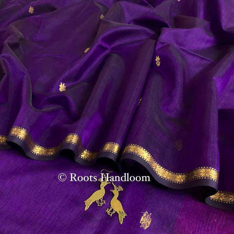 Dark Purple & Pink Maheshwari Saree with Flower Bootis all over - Image 5