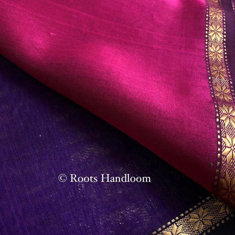 Dark Purple & Pink Maheshwari Saree with Flower Bootis all over - Image 6