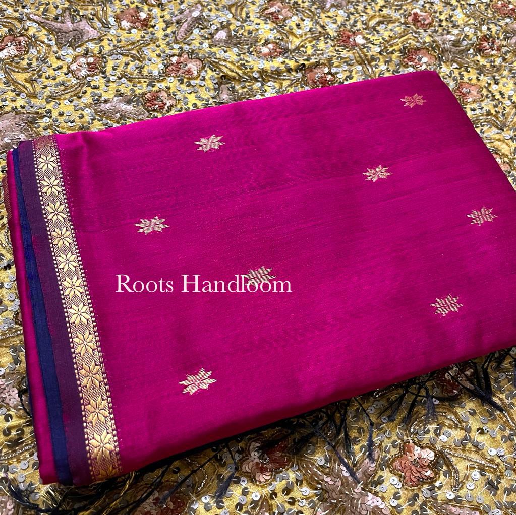 Dark Purple & Pink Maheshwari Saree with Flower Bootis all over - Image 7
