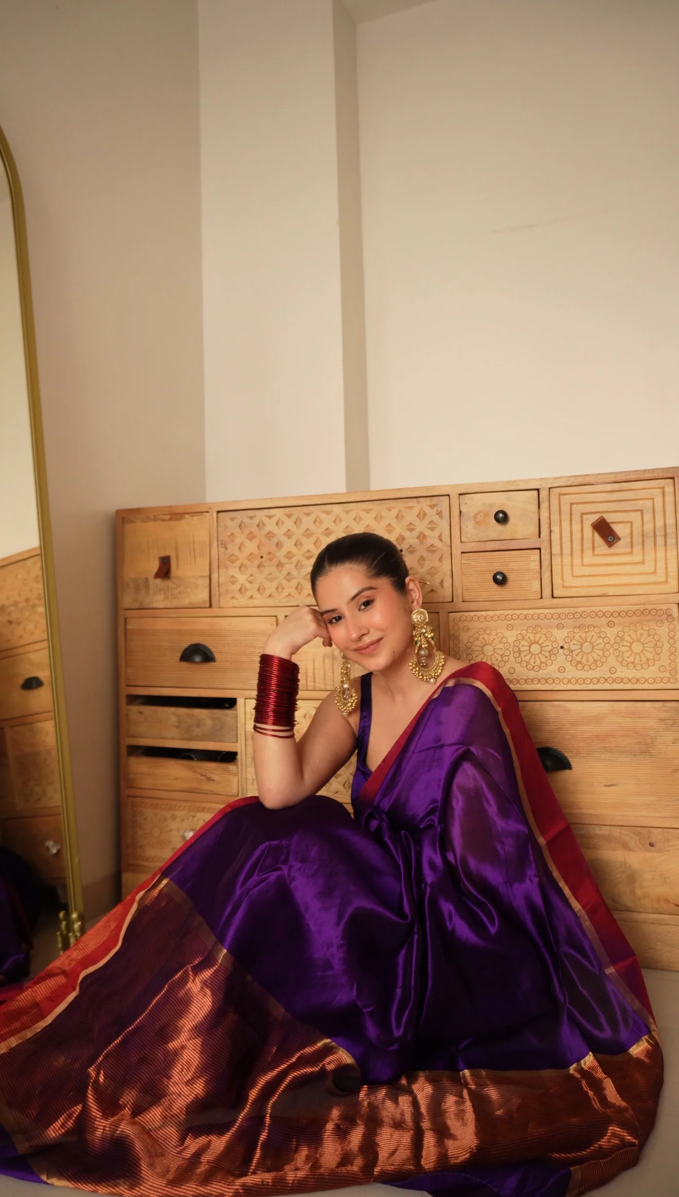 Dark Purple Plum Chanderi silk saree with zari lines on pallu
