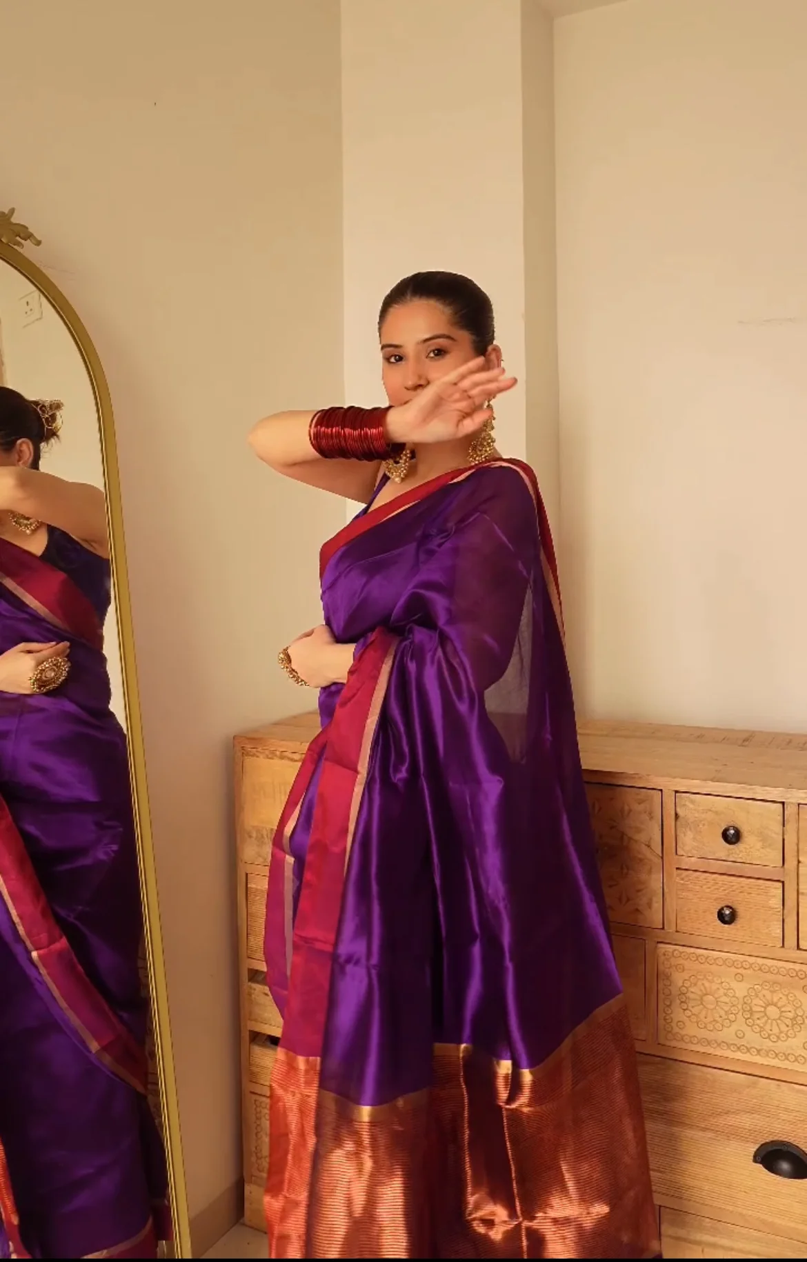 Dark Purple Plum Chanderi silk saree with zari lines on pallu - Image 10