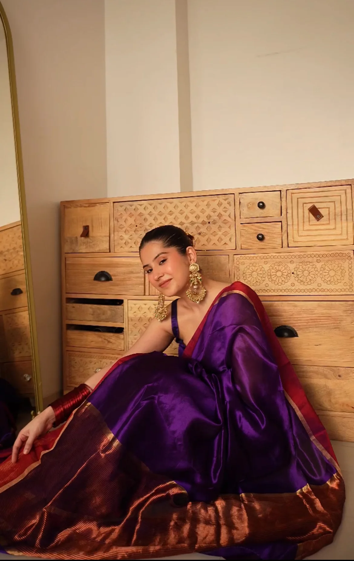 Dark Purple Plum Chanderi silk saree with zari lines on pallu - Image 11