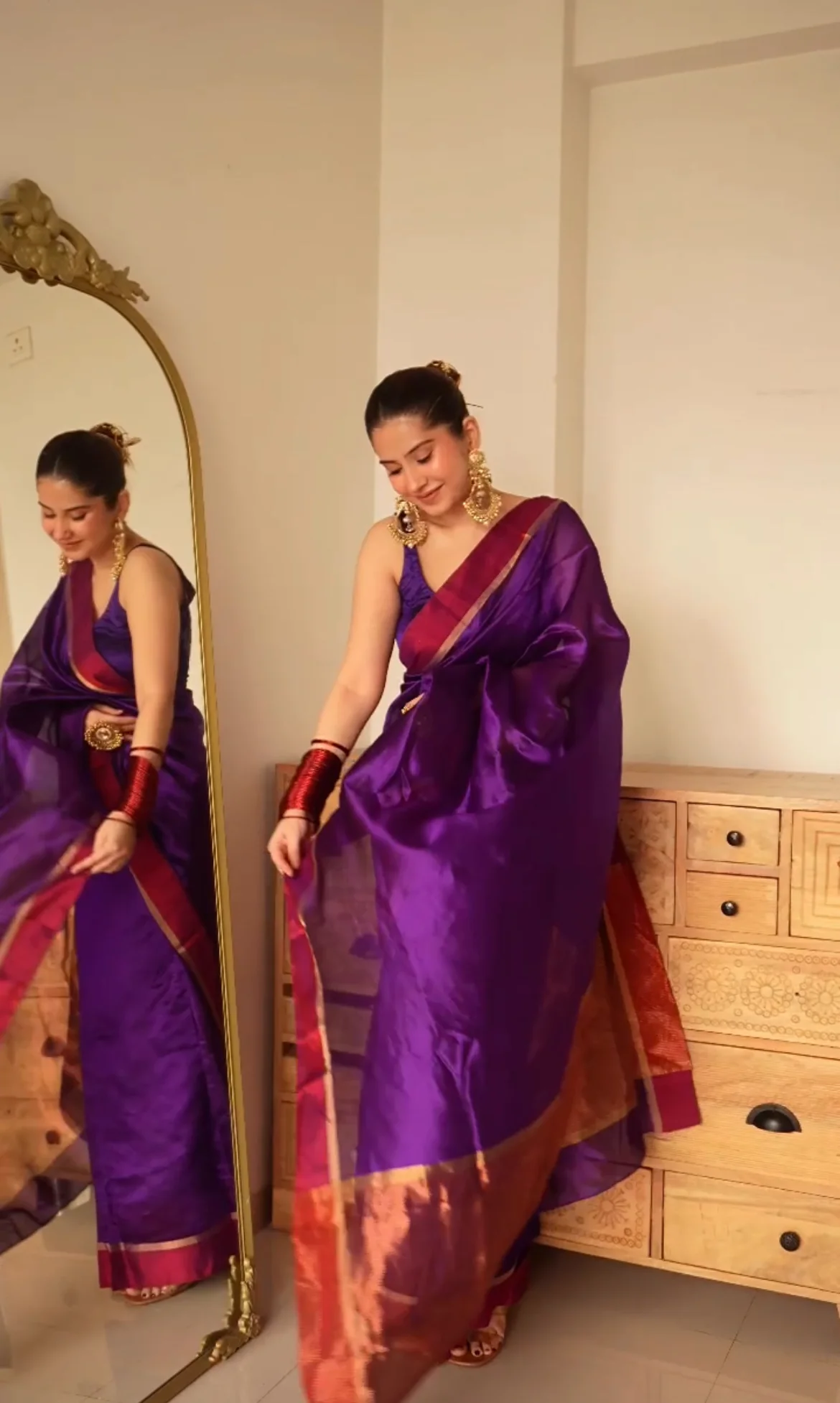 Dark Purple Plum Chanderi silk saree with zari lines on pallu - Image 12
