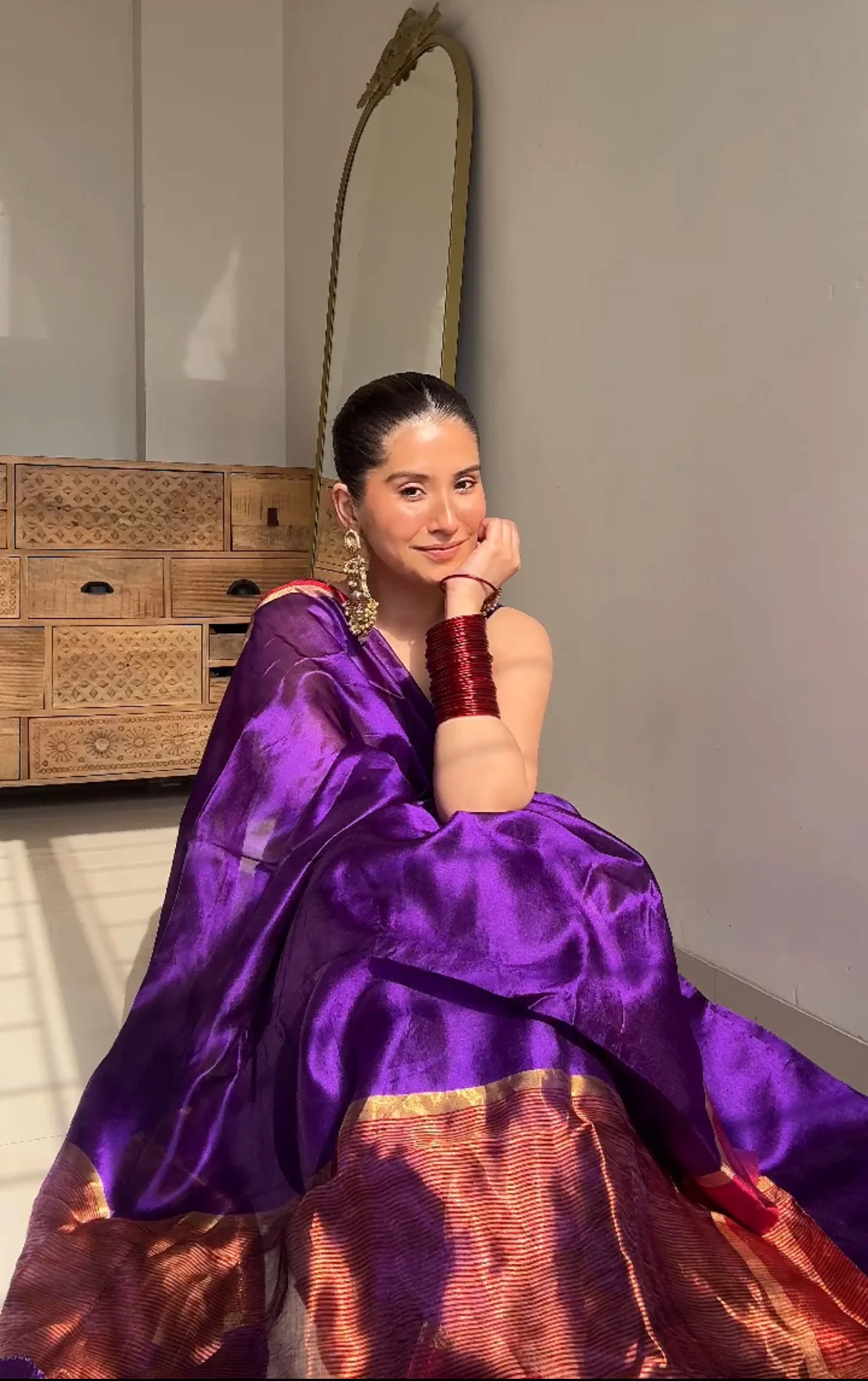 Dark Purple Plum Chanderi silk saree with zari lines on pallu - Image 13