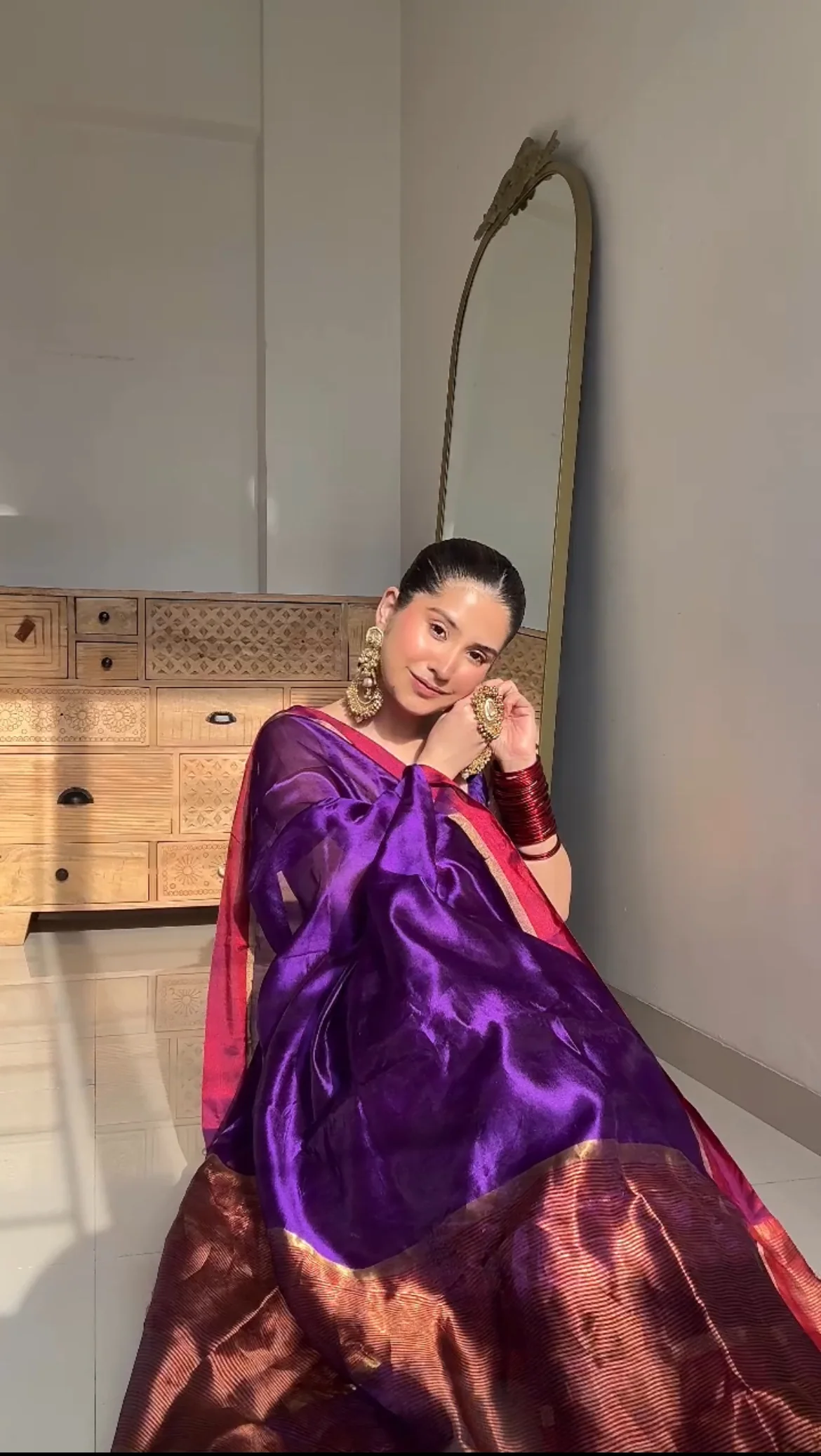 Dark Purple Plum Chanderi silk saree with zari lines on pallu - Image 14