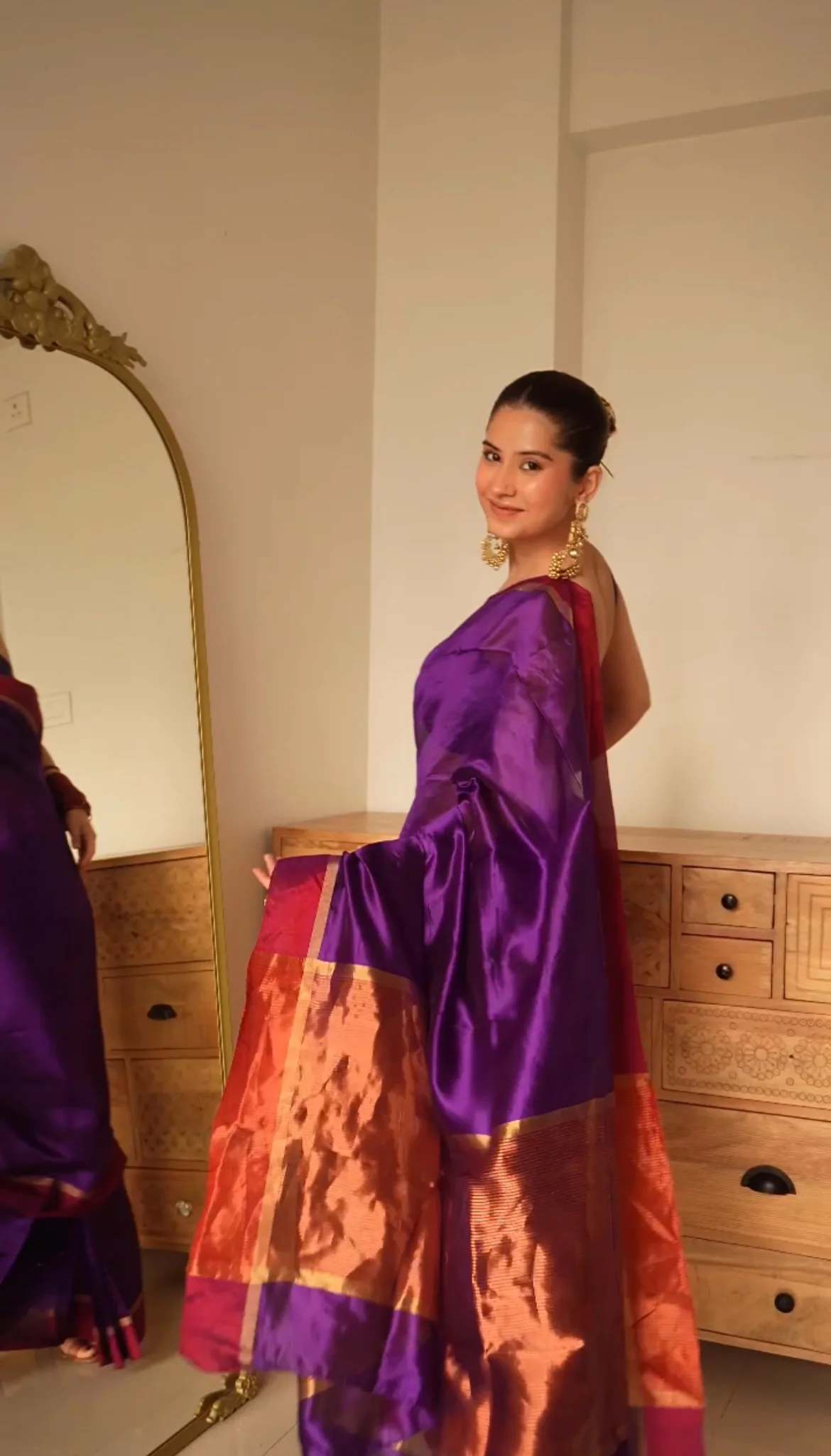 Dark Purple Plum Chanderi silk saree with zari lines on pallu - Image 15